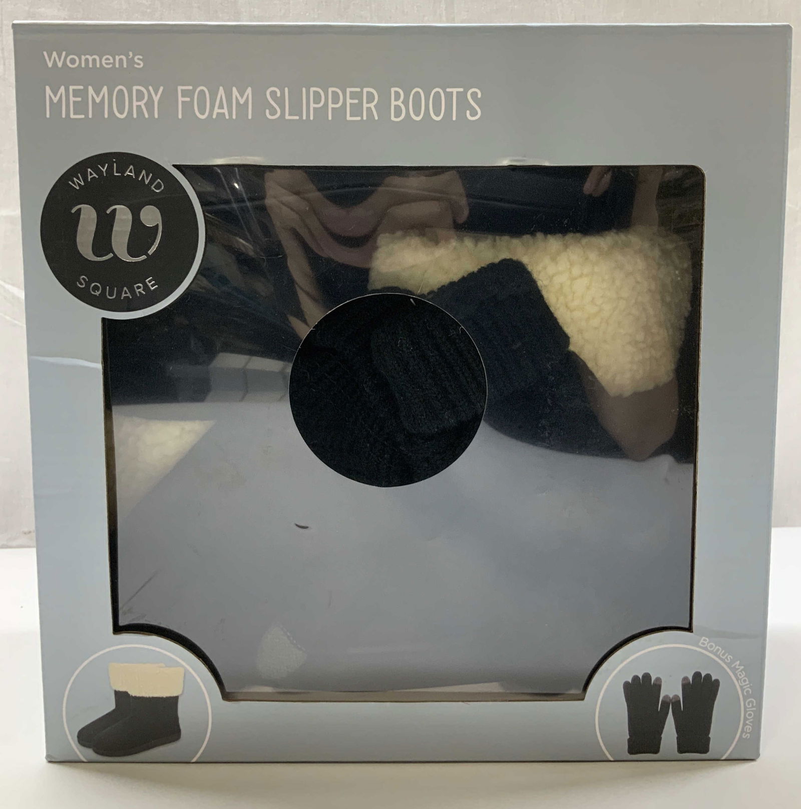 Wayland Square Memory Foam Slipper Boots NIB: Wayland Square Memory Foam Slipper Boots for women feature a faux fur lining. Comes with bonus magic gloves. New in box. Sold as is. Signed & marked. Reads, WAYLAND SQAURE. DISTRIBUTED BY CVS