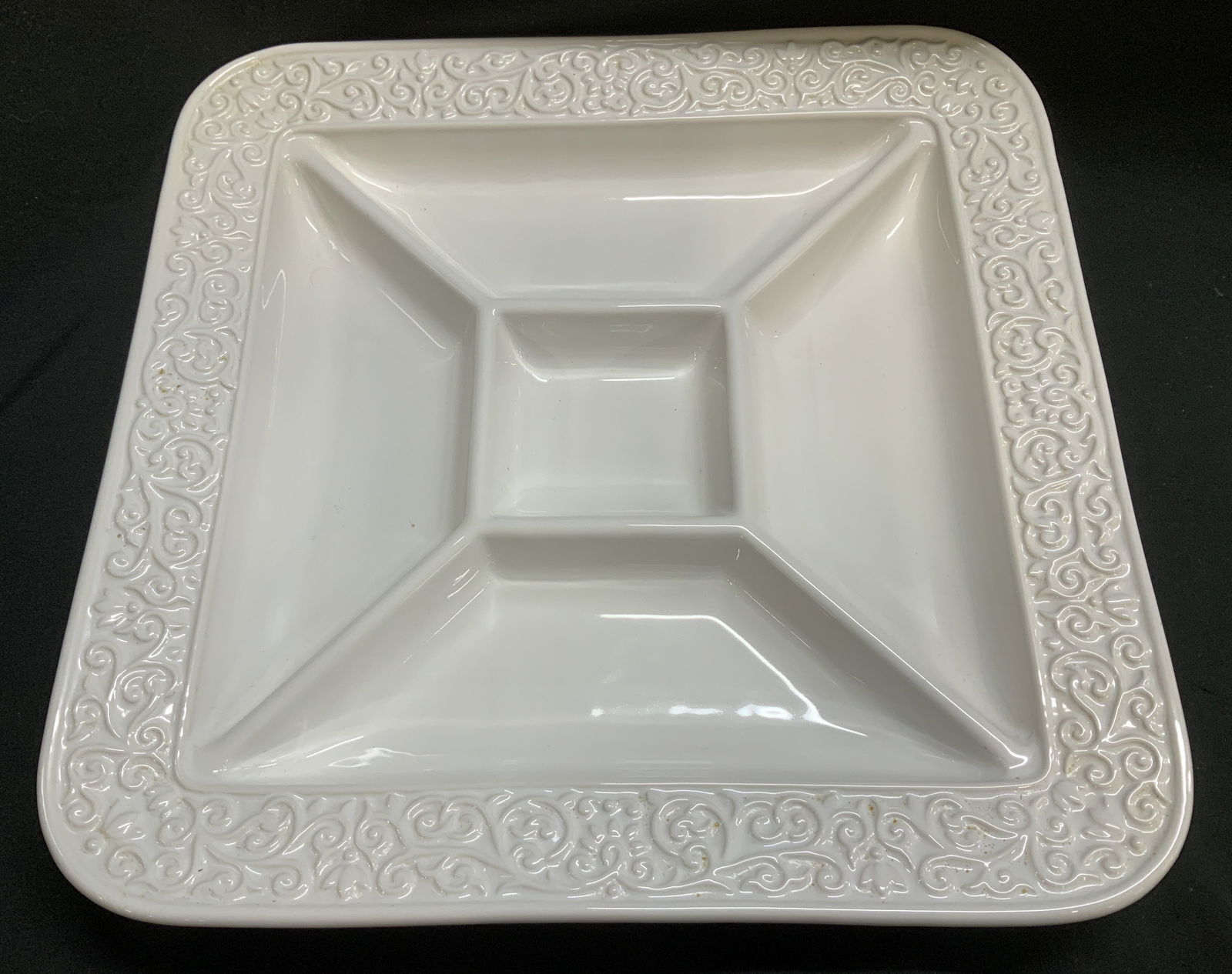 Vtg Embossed Divided Serving Platter PORTUGAL.: Vintage ceramic divided serving platter, featuring an embossed border. Squads shape with 5 section. Signed & marked on underside. Reads, MADE IN PORTUGAL. Surface wear consistent to age, use & exposur