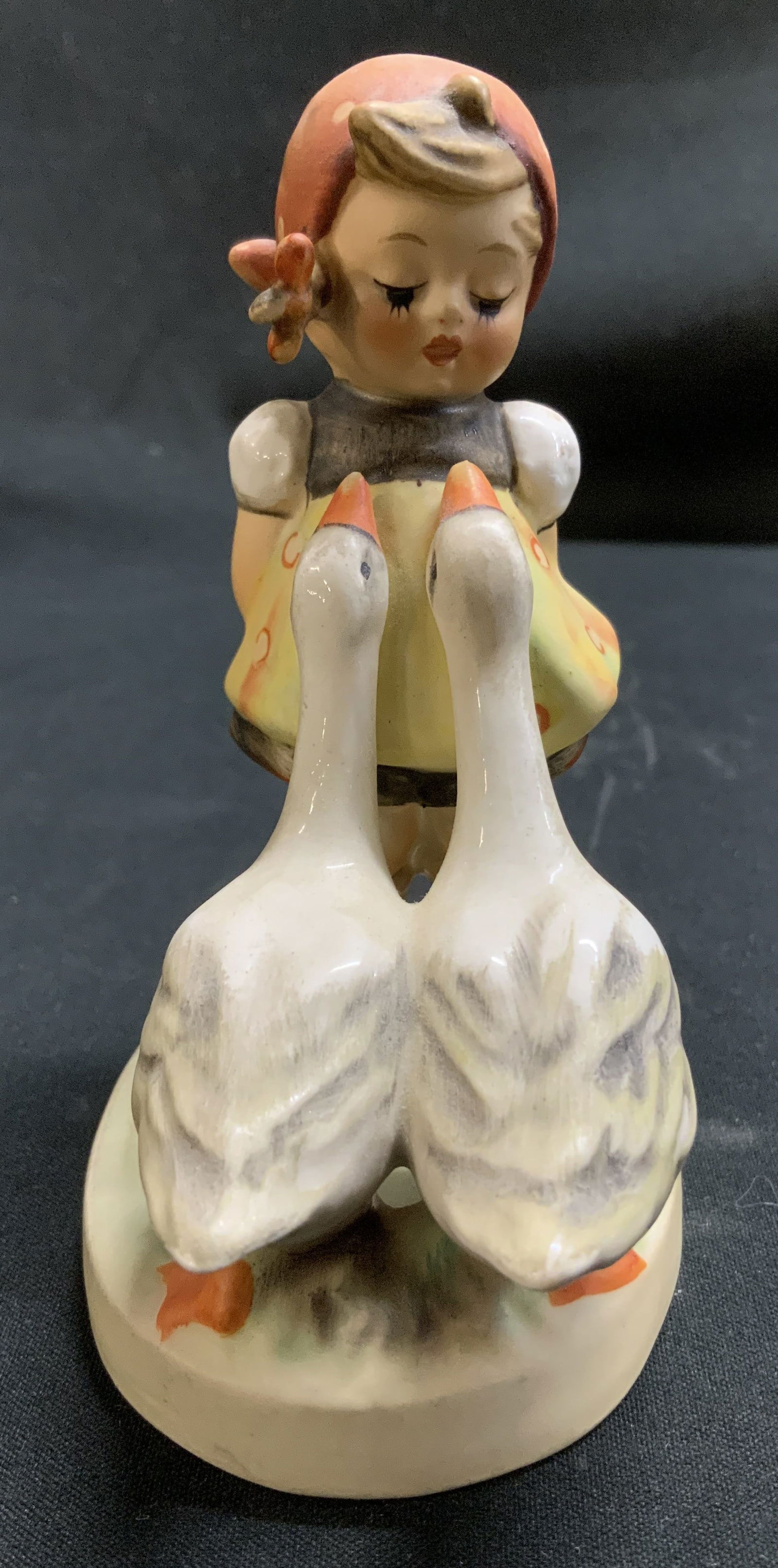 Vtg Goebel Goose Girl Ceramic Fig W GERMANY: Vintage Goebel ceramic figurine depicting a young girl with two geese. Signed & marked on underside. Reads, GOEBEL W. GERMANY. Surface wear consistent to age, use & exposure. Measurements: Length 2.7i