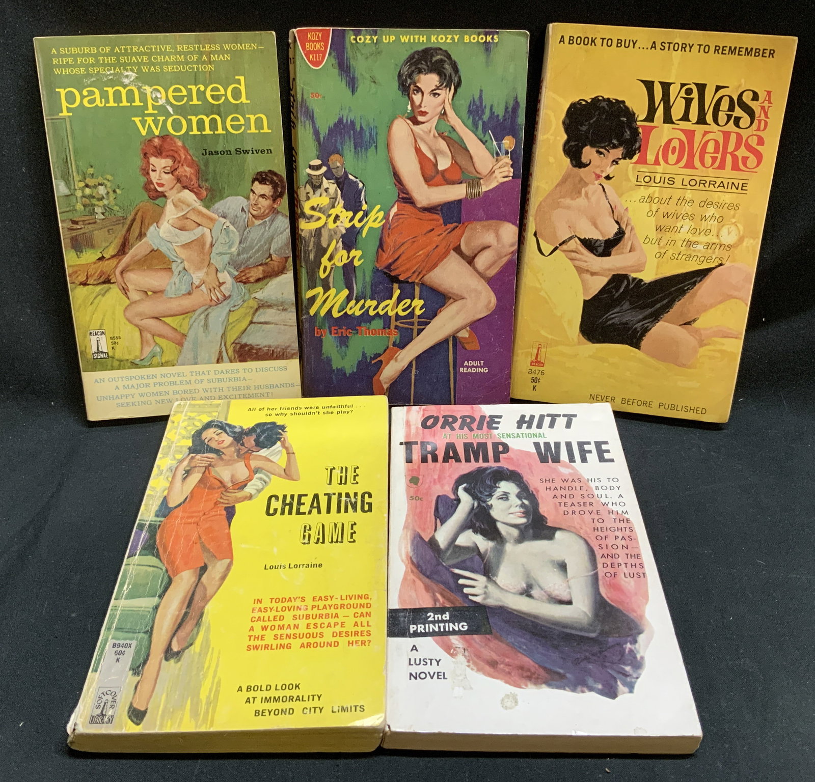 Lot 5 Pulp Fiction Erotica Bks 1960s LORRAINE: Lot includes, The Cheating Game by Louis Lorraine (1966), Tramp Wife by Orrie Hitt (1960), Wives & Lovers by Louis Lorraine (1962), Strip for Murder by Eric Thomas (1960) & Pampered Woman by Jason Swi