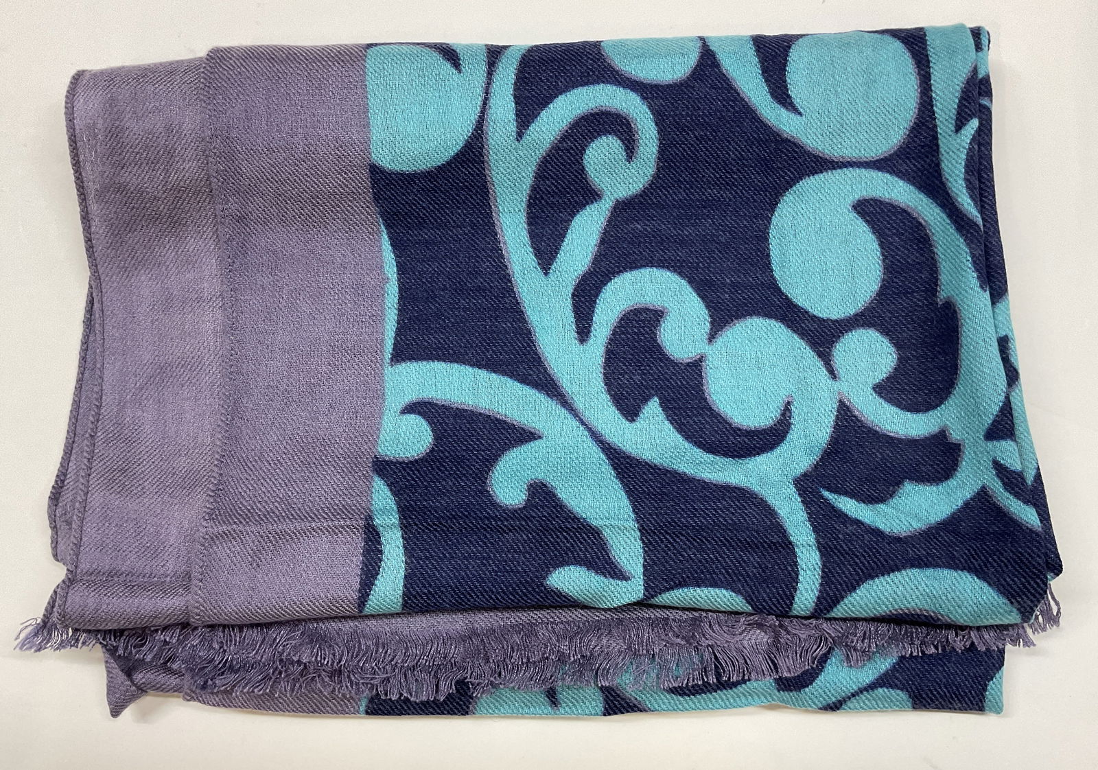 Vintage Purple Fringed Scarf: Vintage purple fringed scarf. Feels like cotton. Purple fringed trim. Purple and blue scroll pattern. Measures approx 22 x 66 inches. Wear consistent with exposure. Scarf, vintage scarf, wearables, cl