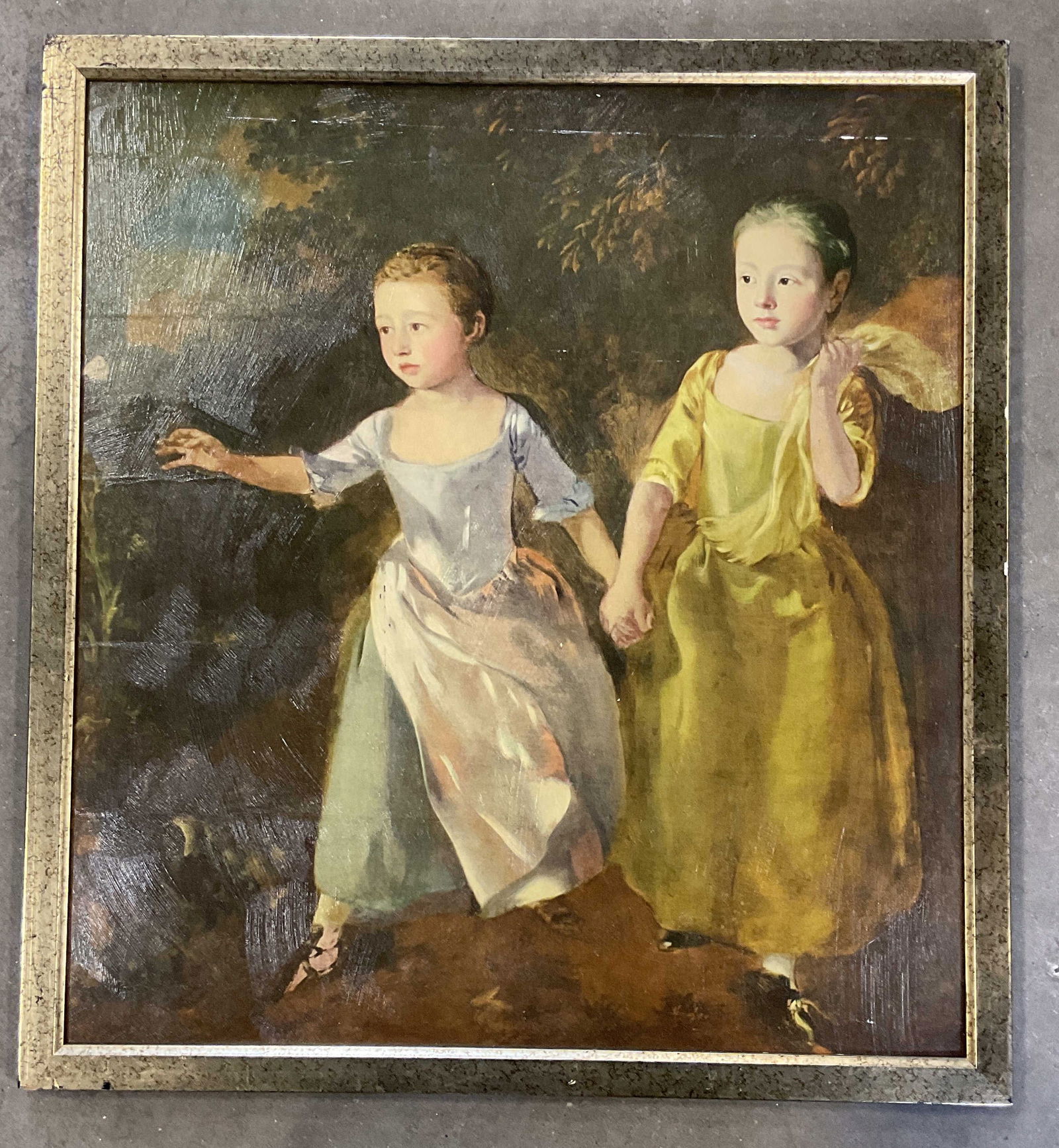 Framed Gainsborough Chasing Butterfly Litho: Framed lithograph on board. After Thomas Gainsborough, The Painters Daughters Chasing A Butterfly. Gilt wood frame. Not examined out of frame. Frame measures approx. 25 x 23 inches. Wear including