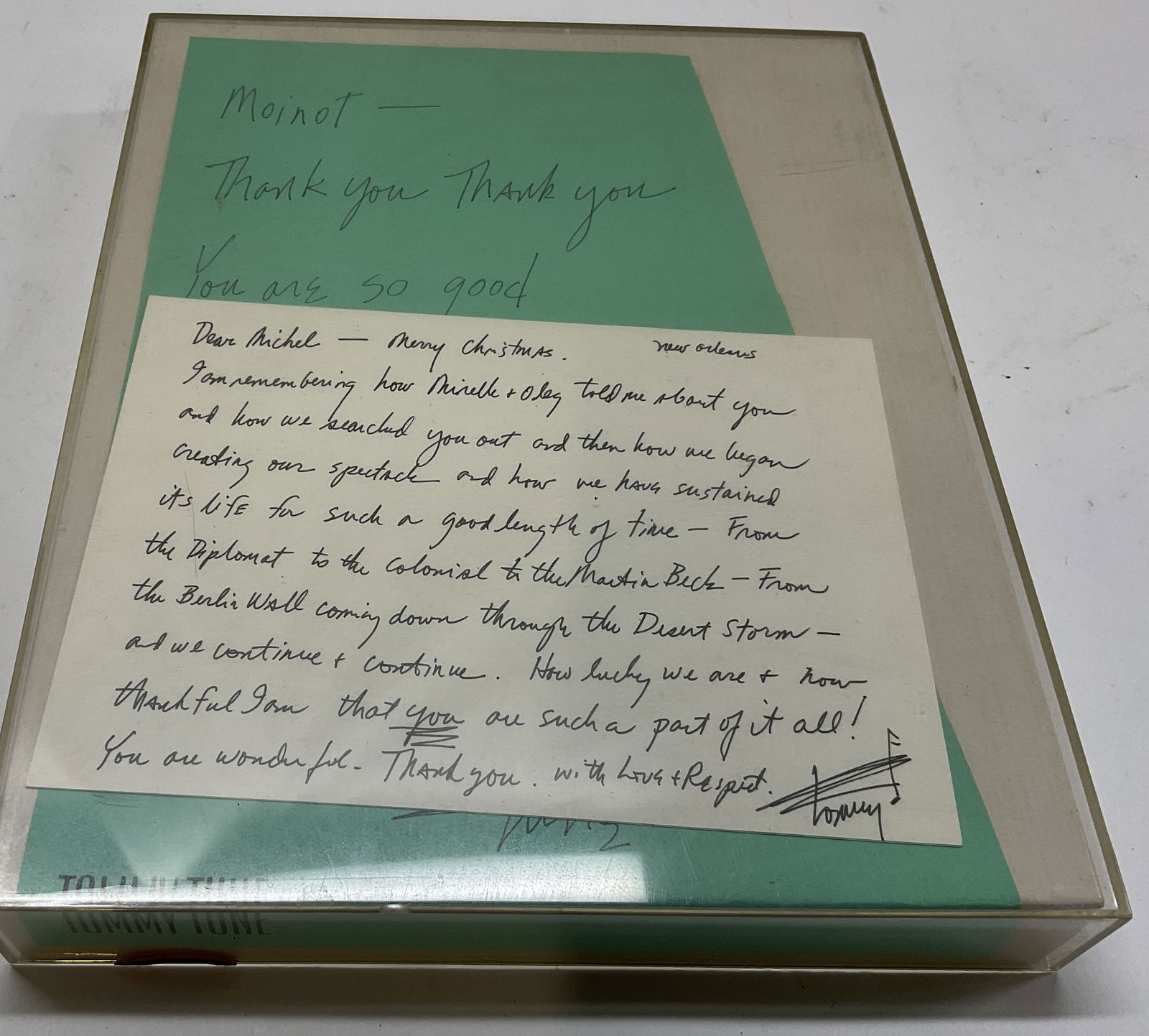 Signed Personalized Notes from Tommy Tune: Signed Personalized Handwritten Notes from Broadway legend, performer and director Tommy Tune. One note mentions the Berlin Wall coming down and other major events he has been through with the