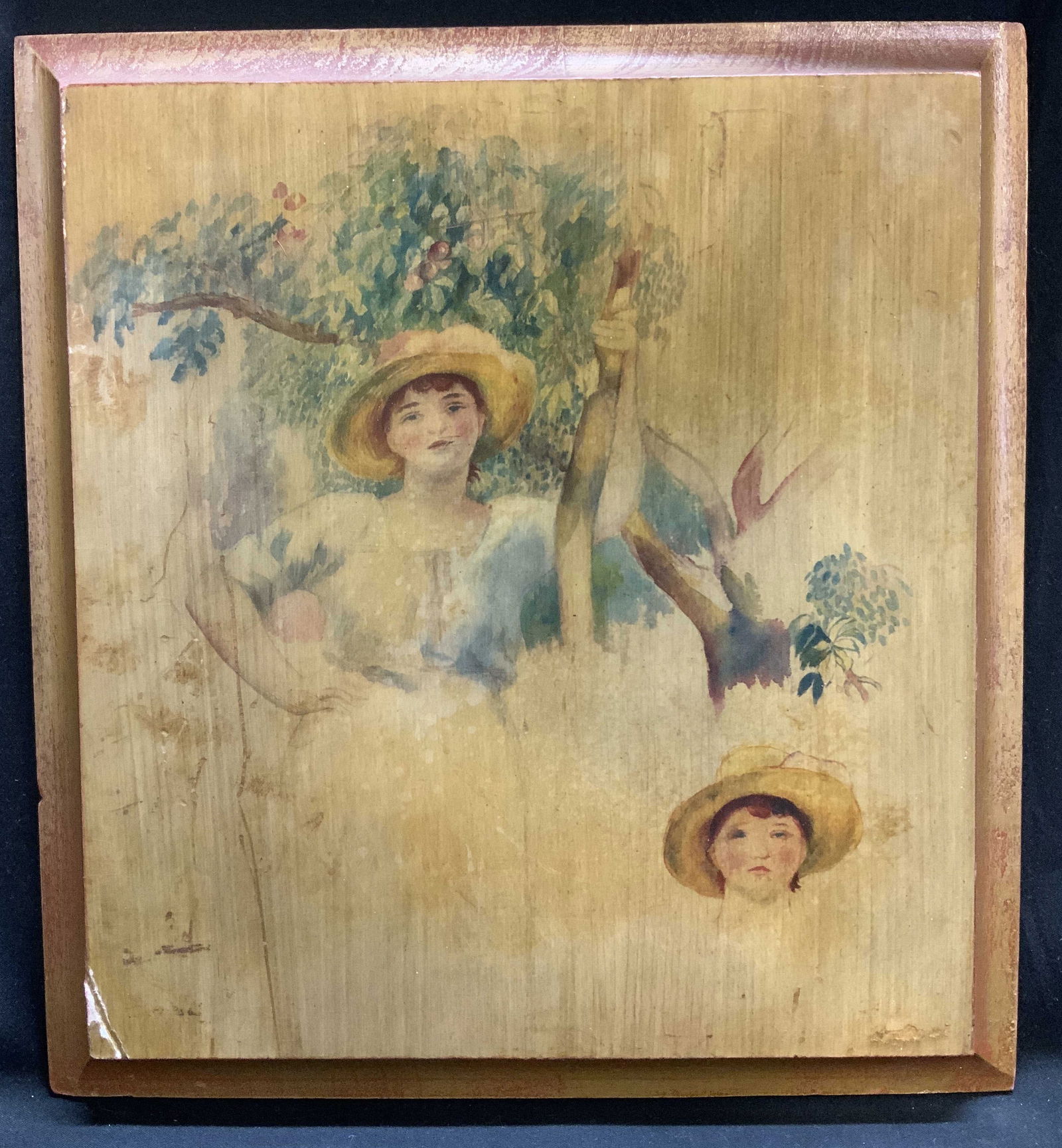 Vtg Woman in Hat Under Tree Wooden Wall Art: Vintage decorative wall art featuring a woman wearing a hat standing beneath a tree. Shades of green, brown, yellow. Square shape & wooden material. No visible signature or markings. Surface wear