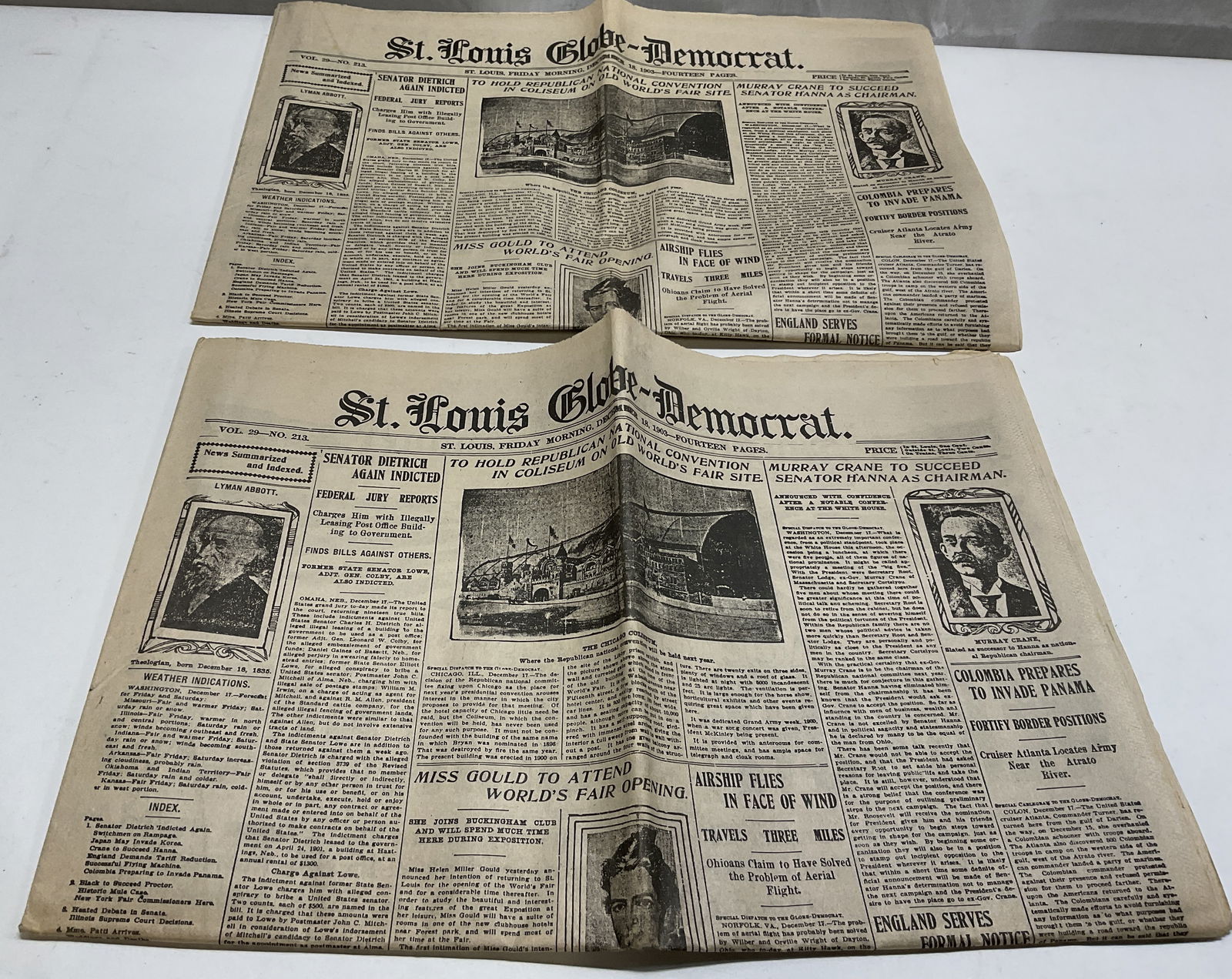 2 Antique St.Louis Globe-Democrat Newspapers 1903: 2 Copies of Antique St. Louis Globe-Democrat Newspapers from 1903. Volume 29, No. 213. Features articles and illustrations. Measures approximately 22in L x 17in W. Condition consistent with age