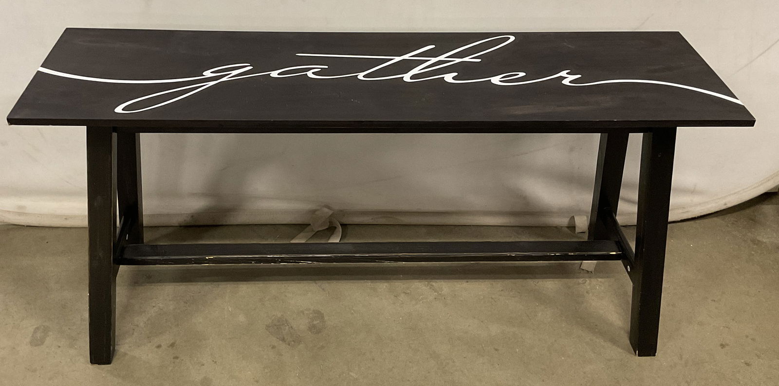 Shanren Black Wood Gather Console Table: Signed Shanren Arts & Crafts black wood console table with Gather motif. Measures approx. 41.5 x 11.5 x 19.5 inches. Wear including scratching. Shanren console table, console table, accent table, blac