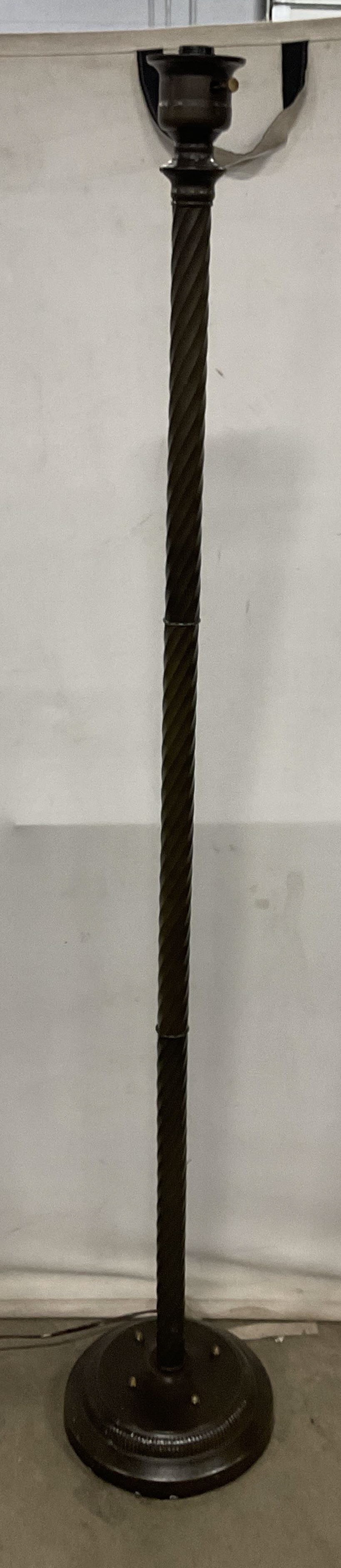 Patinated Bronze Torchiere Floor Lamp: Patinated bronze metal torchiere style floor lamp. Measures approx. 10.5 x 64.5 inches. Not tested. Some scratching. Lamp, floor lamp, Torchiere lamp, bronze patina lamp, lighting, home decor, home ac