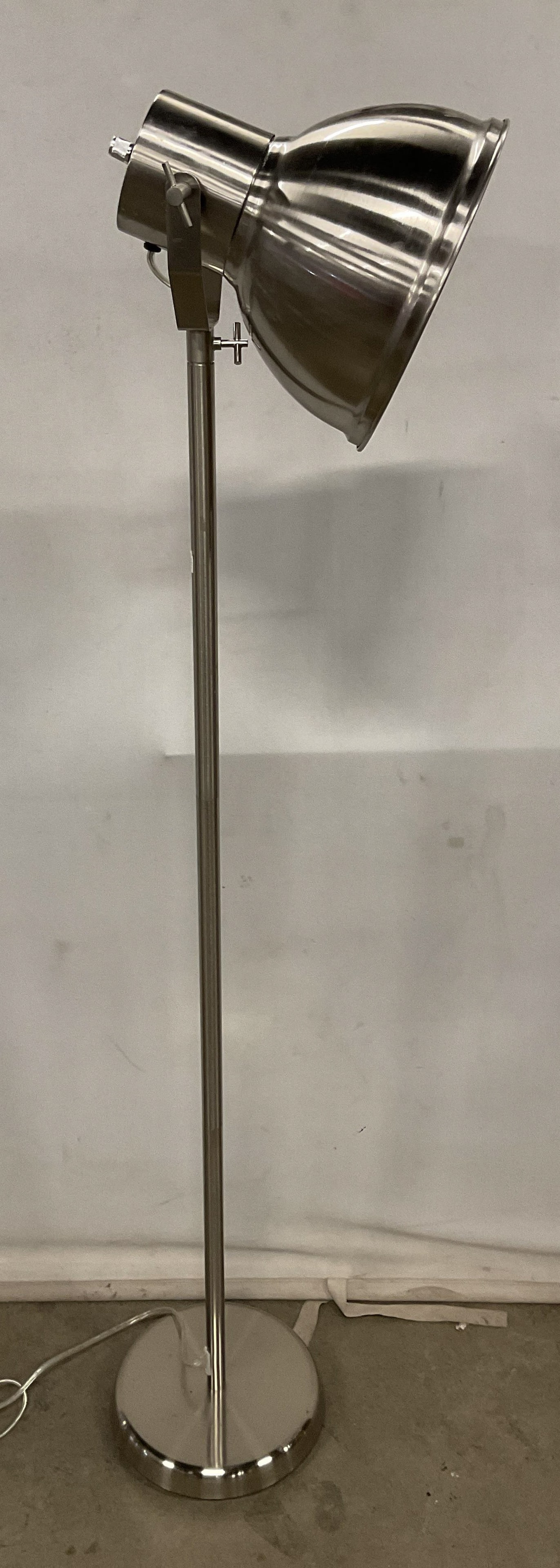 Silver Tone Modern Industrial Floor Lamp: Silver tone metal modern floor lamp with industrial style dome shade. Measures approx.10 x 56 inches. Not tested. Some scratching. Industrial style lamp, floor lamp, modern lamp, silver tone lamp, lig