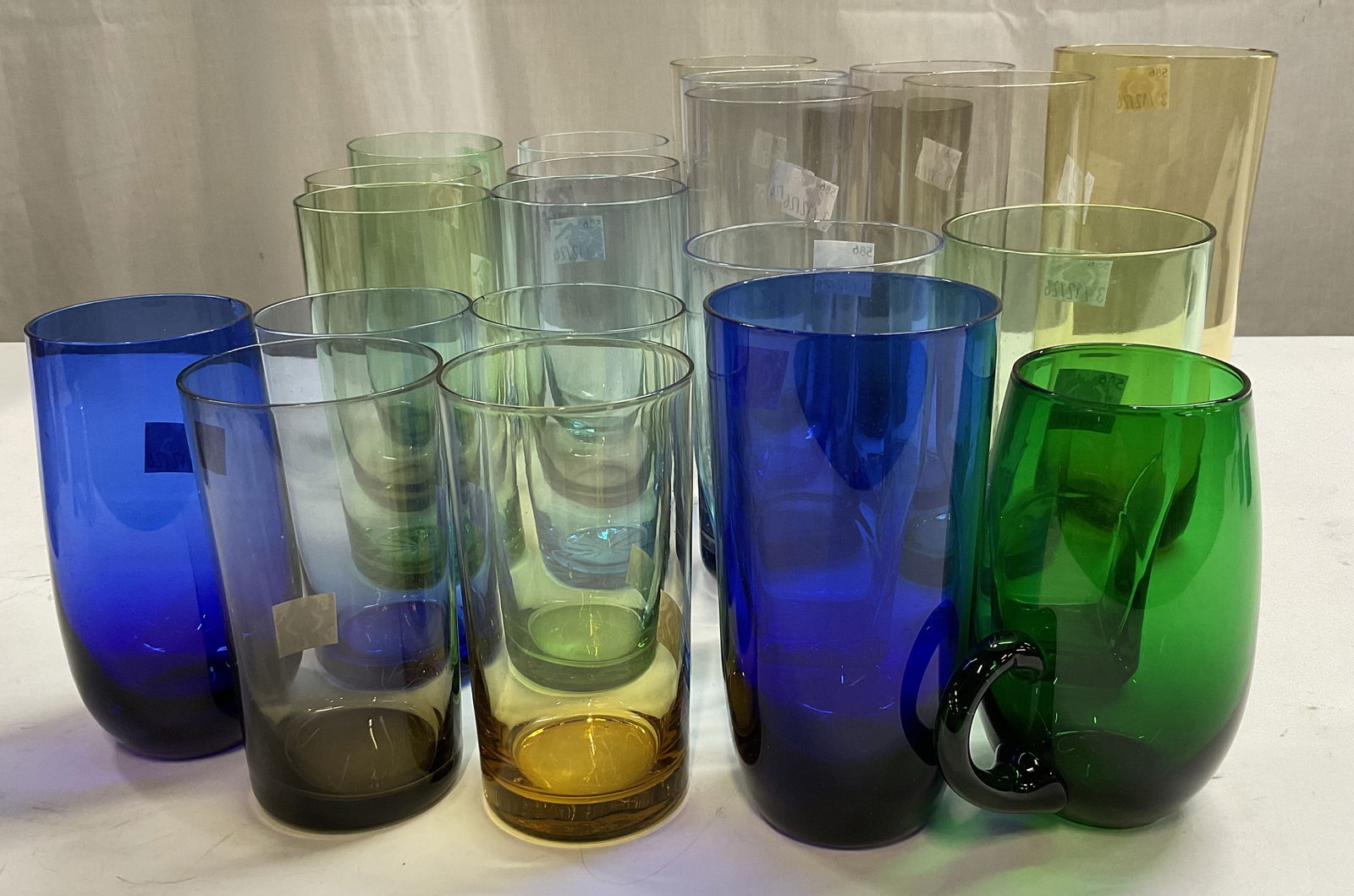 Set 22 Colorful Bar Glasses: Set 22 Colorful Bar Glasses. Various cylindrical shapes. Measures app 7in H x 3in diameter. barware, colorful glasses, assorted glasses, tableware, home decor, table decor, decor, home