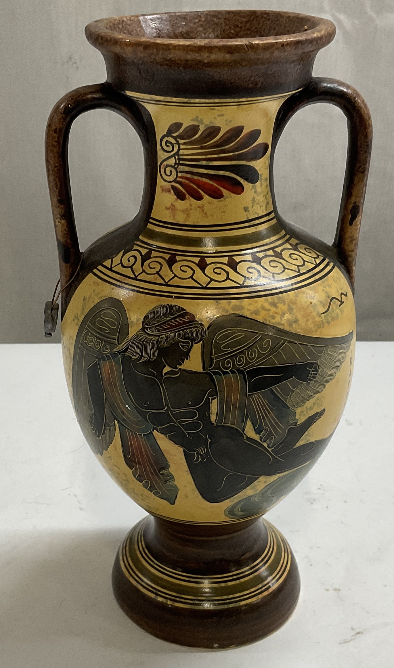 Hand-Painted Greek-Style Pottery: Hand-Painted Greek-Style Pottery. Double-Handled Vase. Mythological winged figure painted on one side with Greek lettering. Measures app 9in H x 3in diameter. home decor, table decor, decor, home