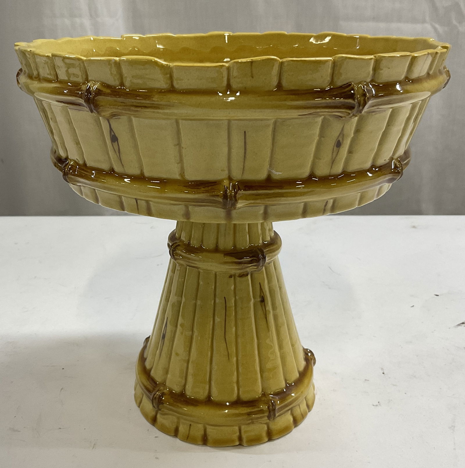 MCM Bamboo Pedestal Pottery: MCM Bamboo Pedestal Pottery. In style of McCoy Pottery. Ceramic. Some chips on rim. Measures app 7in H x 7.5in diameter. Tableware. tabletop decor. homewares, decorative object, home decor. 8 CS