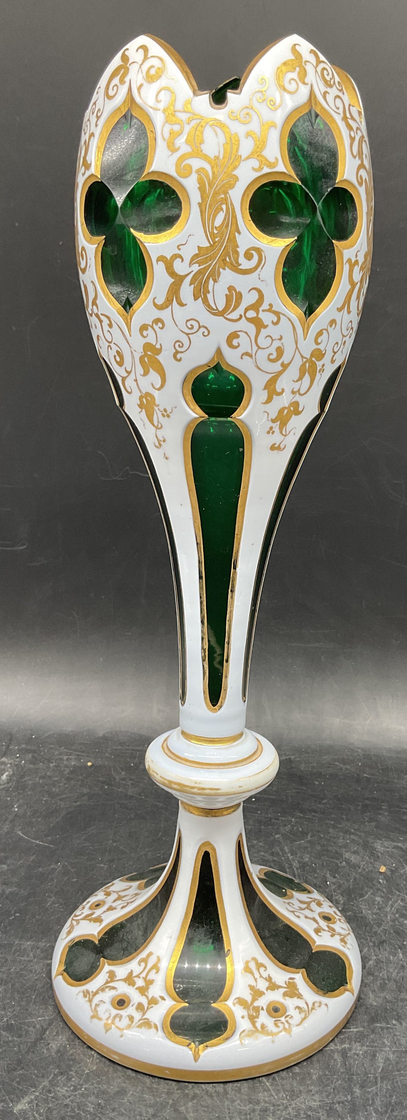 Vtg White Green Bohemian Cut Glass Vase: Vintage bohemian glass vase. White cut to green with gilt decoration. Baluster shape with scalloped rim. Measures approx. 4.75 x 13.25 inches. art glass, homewares, housewares, bohemia glass, bohemia