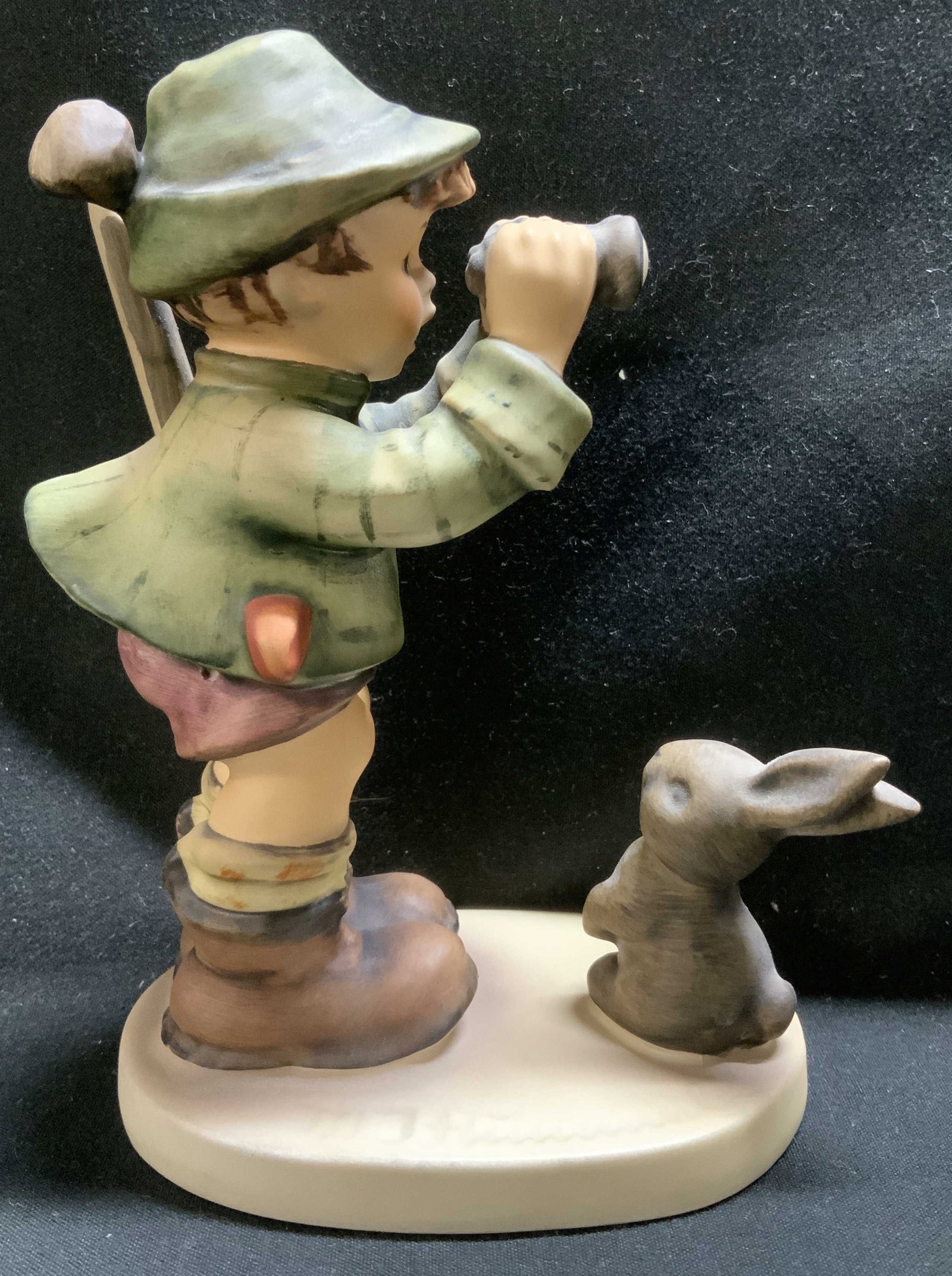 Vtg Goebel Good Hunting Fig W GERMANY: Vintage Goebel ceramic figurine depicting a boy holding binoculars. Rabbit is perched on base. Signed & marked on underside. Reads, GOEBEL W. GERMANY. Surface wear consistent to age, use & exposure. M