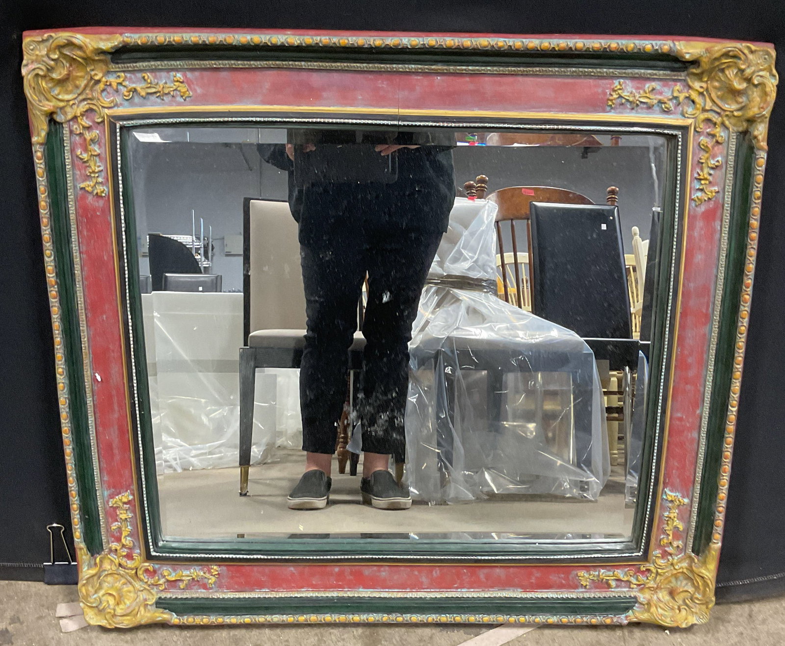 Vntg Ornate Gilt Wood Red Green Scroll Mirror 32in: Vintage wood frame rectangular wall mirror. Gilt and painted red and green. Raised scroll corners. Measures approx 28.5 x 32.5 inches. Wear including loss to paint, chips, and hairlines. Mirror, wall