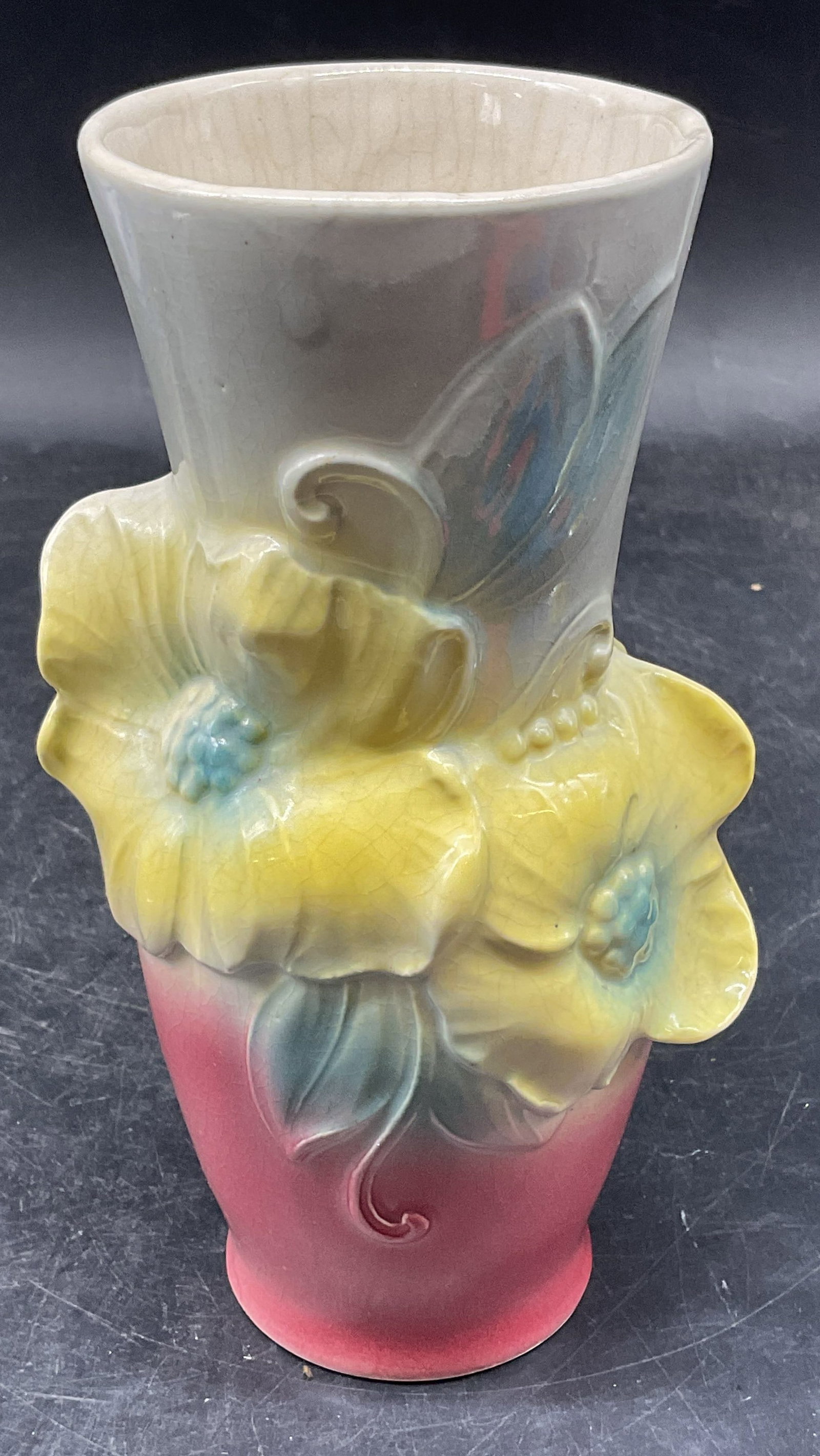 Vintage Royal Copley Floral Ceramic Vase: Vintage signed Royal Copley ceramic vase. Raised floral design. Hand painted yellow, red, grey. Measures approx. 4 x 7 inches. Wear including crazing. Royal Copley vase, ceramic vase, floral vase, col