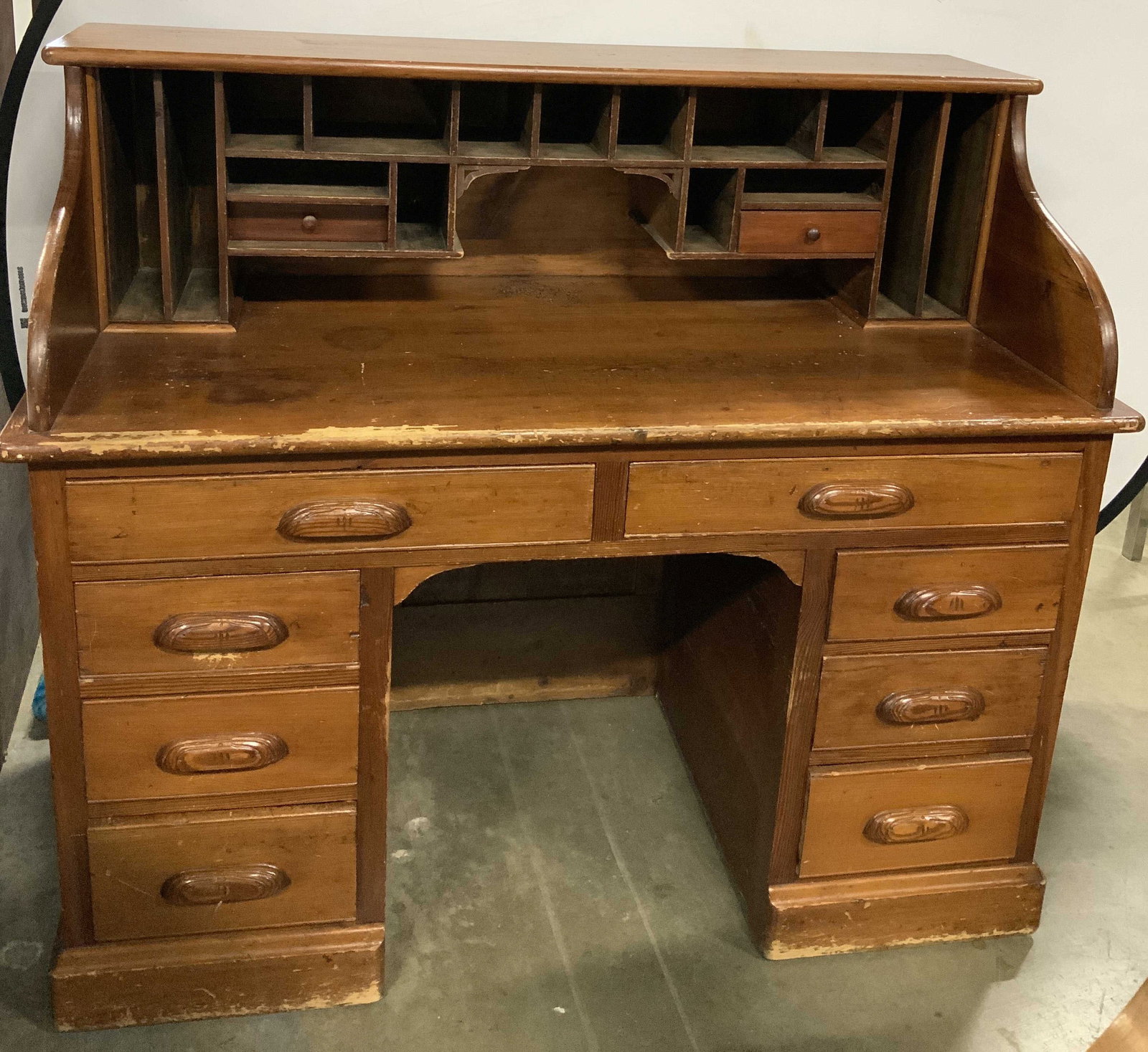 Antique Wooden Desk W Organizer Hutch: Appears to be antique, possible vintage. Wooden desk with upper mail organizer hutch. Multiple pull out drawers. Brown toned. Surface wear consistent to age, use & exposure. Measurements: length