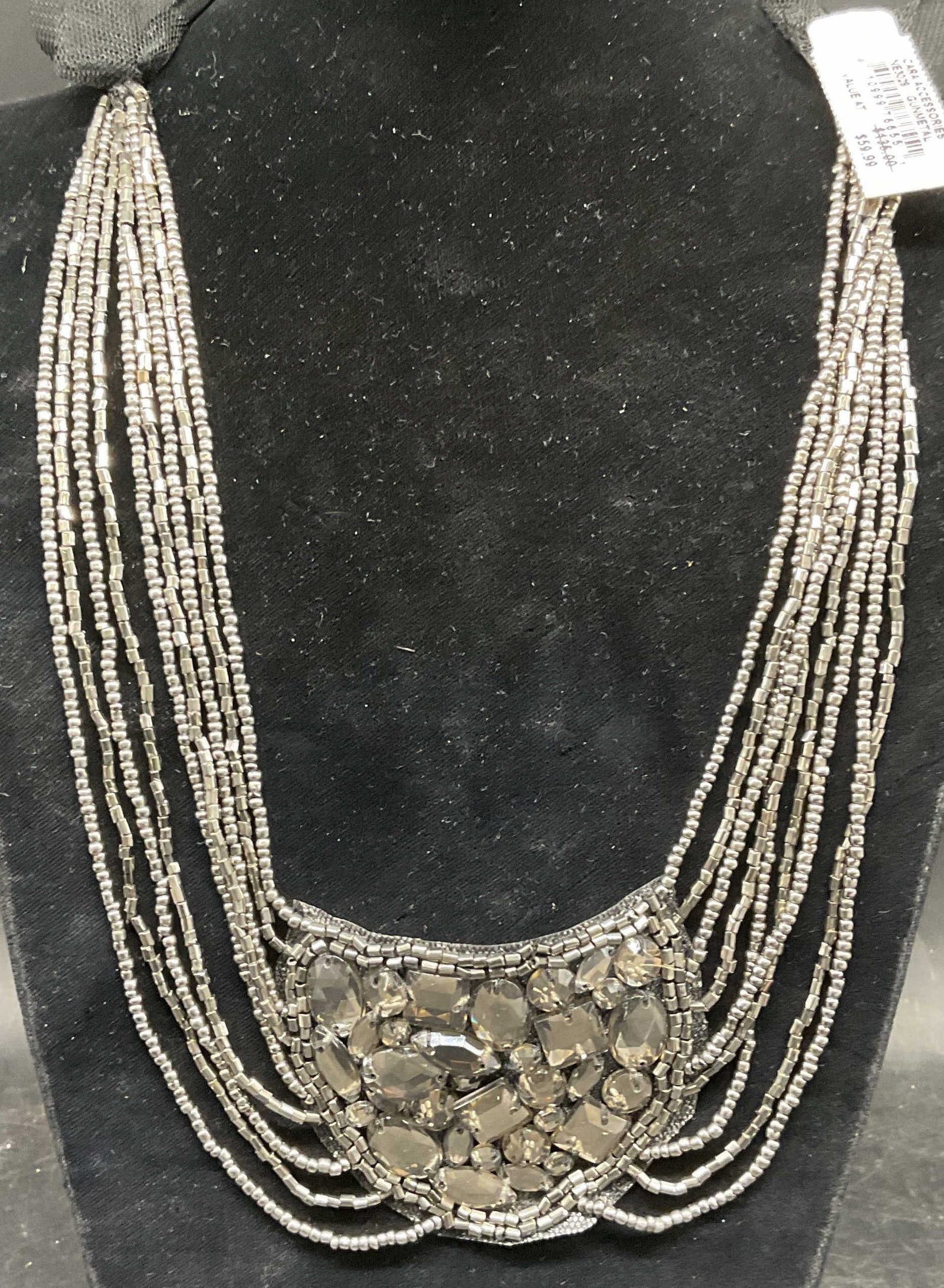 Cara Accessories Silver Tone Bib Necklace NWT: Cara Accessories silver tone beaded bib necklace with black ribbon. New with tag. Drop length approx 32.5 inches. Some scratching. Jewelry, estate jewelry, costume jewelry, cocktail jewelry, fashion j