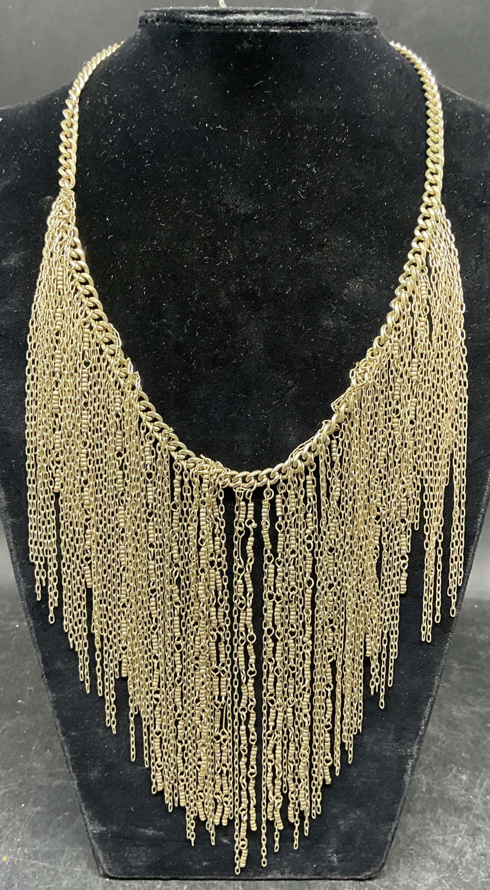 Vintage Gold Tone Bib Chain Necklace: Vintage gold tone bib chain necklace. Drop length approx 9 inches. Some scratching. Jewelry, estate jewelry, costume jewelry, cocktail jewelry, fashion jewelry, accessories, fashion accessories, weara
