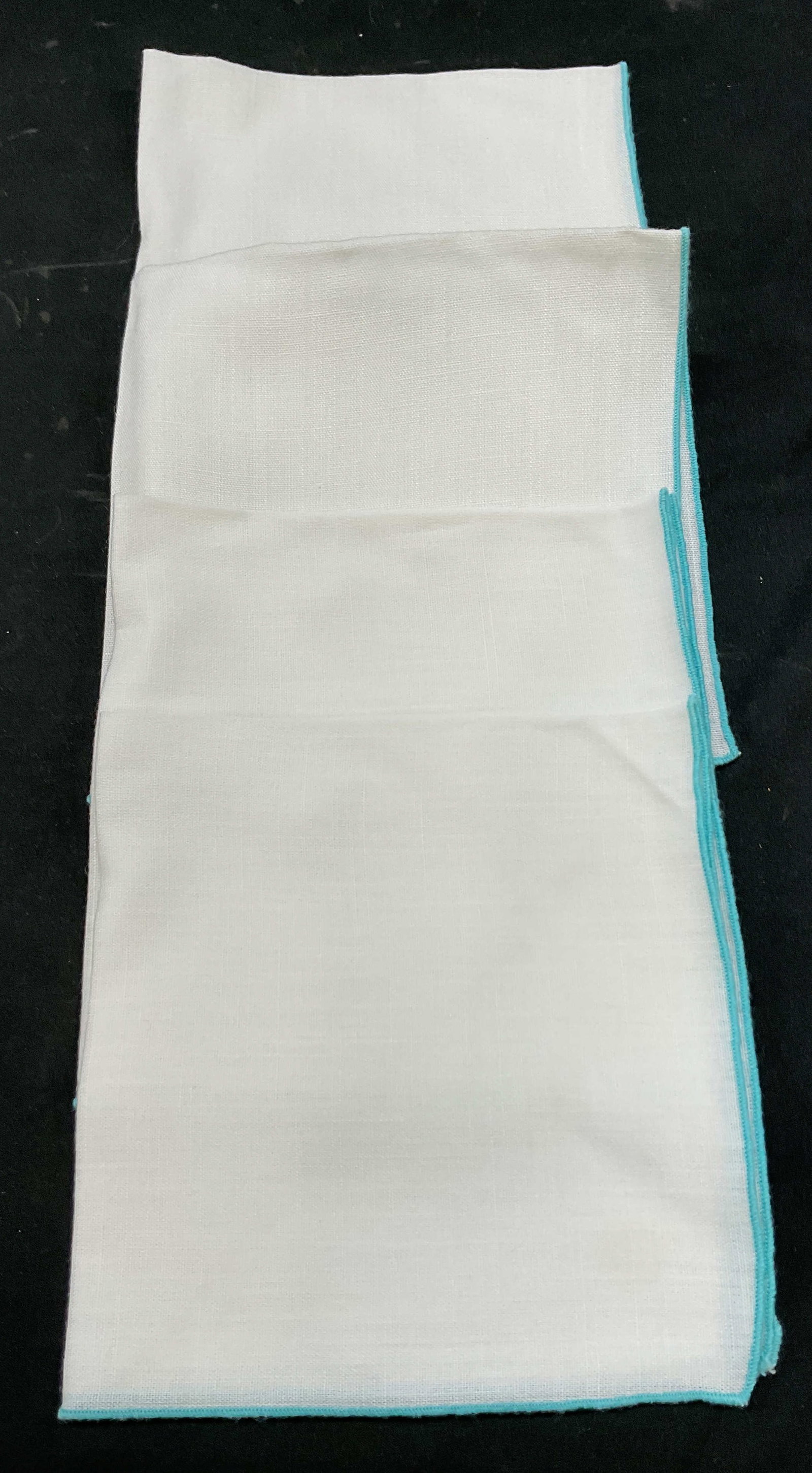 Set 4 Vintage White Linen Napkins: Set of 4 vintage white linen napkins. Linen material. Light blue trim. Measures approx 13 x 13 inches. Slight blemishes. Napkins, table linens, linens, vintage linens, tableware, home decor, table dec