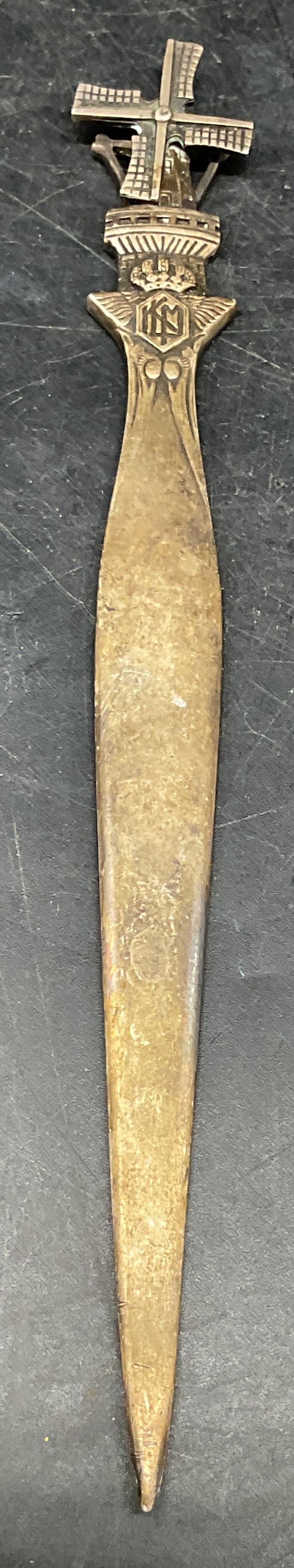 Vintage E Sola Silver Pl Windmill Letter Opener: Vintage signed E Sola silver tone articulated windmill motif letter opener. Measures approx. 6.25 inches long. Wear including scratching and patina. E sola letter opener, windmill letter opener, silve