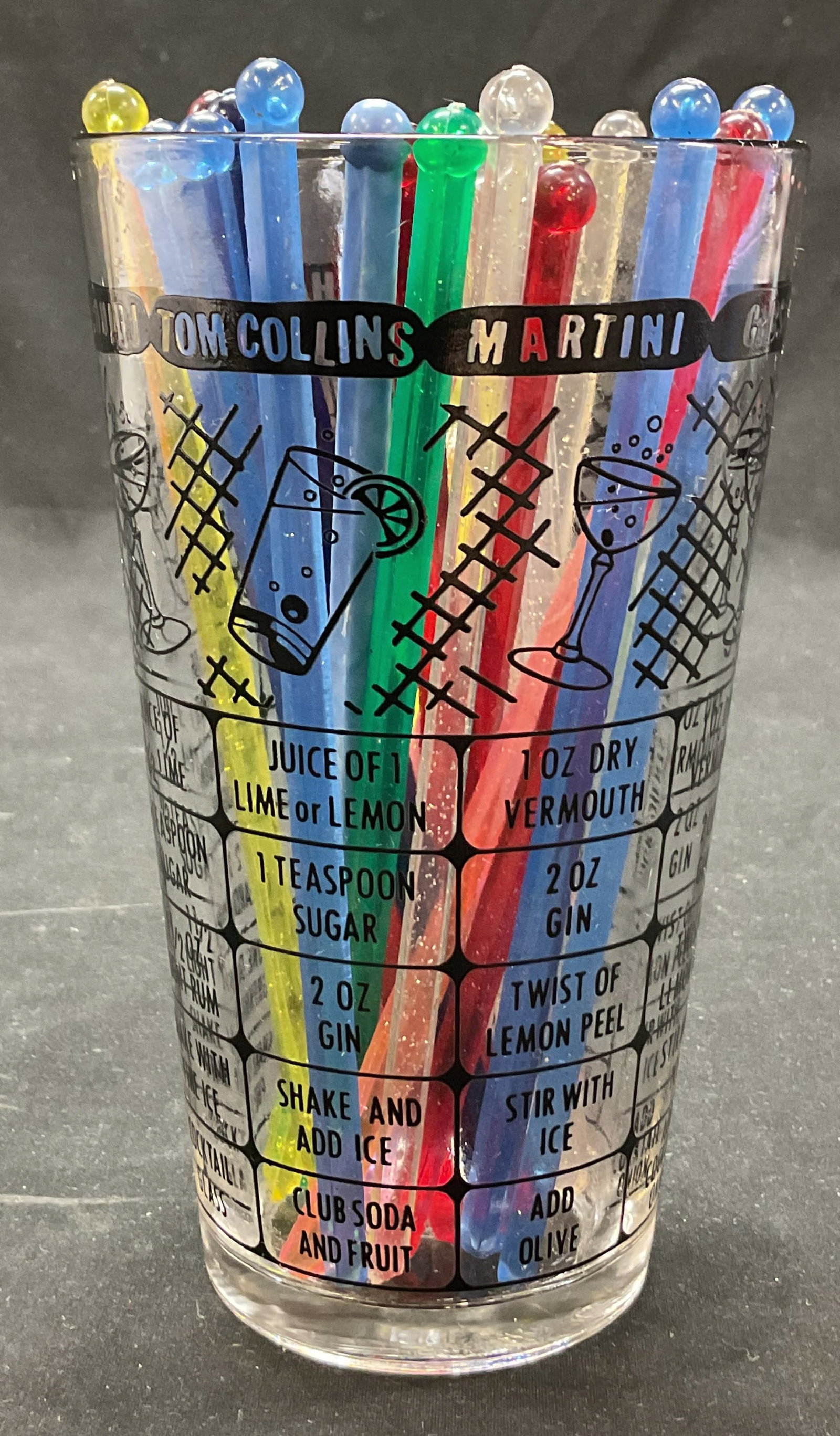 Federal Glass Cocktail Mixer W Stirrers USA: Federal Glass cocktail mixer. Marked F on underside. Round glass mixer. Features designs of various cocktails recipes. Comes with 22 sparkly plastic cocktail stirrers, marked made in USA. Mixer measur