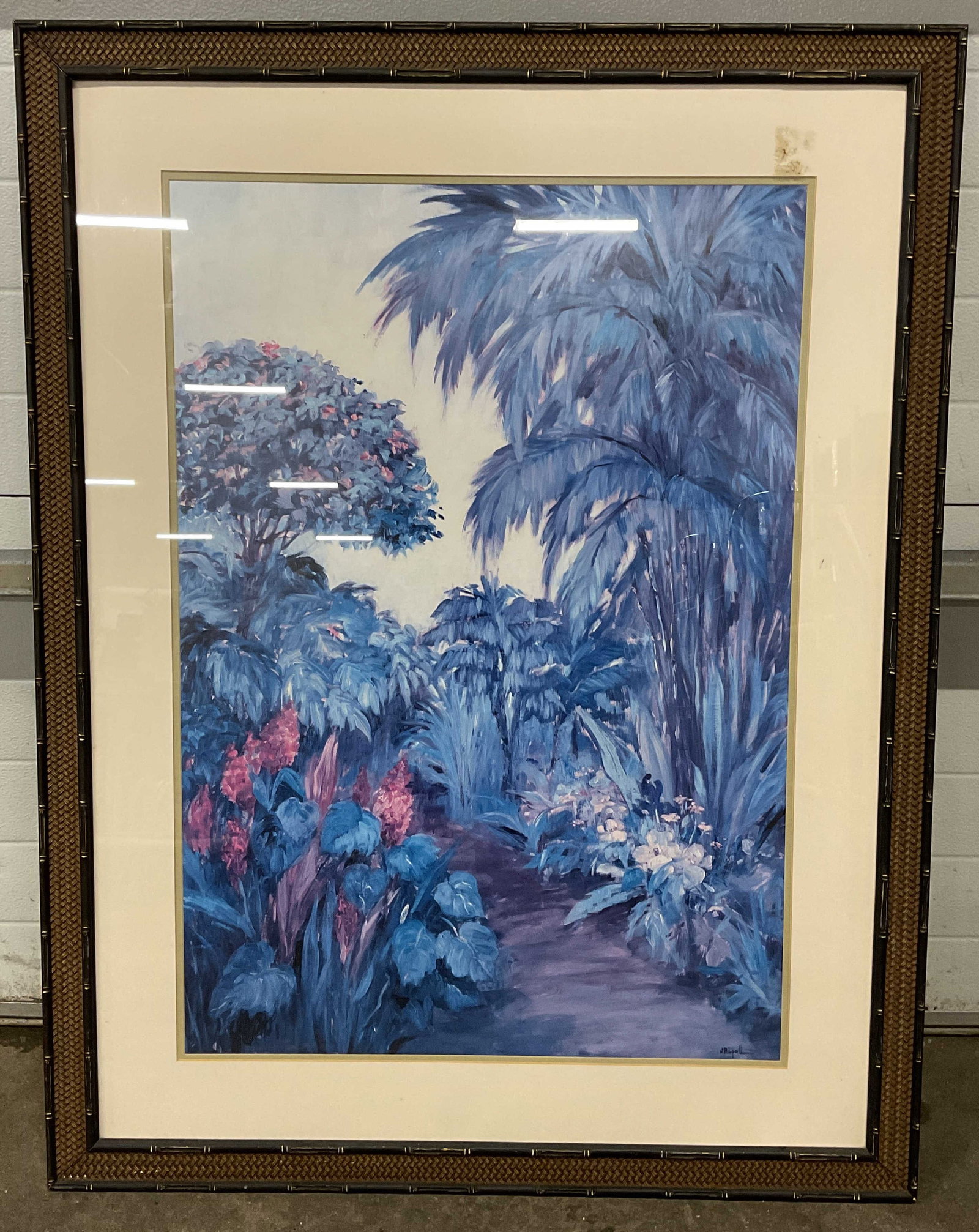 Frmd J Ripoll Tropical Landscape Lithograph 43.5in: Framed and matted lithograph. After J Ripoll. Tropical landscape with pathway. Wood frame. Not examined out of frame. Frame measures approx. 43.5 x 33.5 inches. Wear including discoloration and scratc