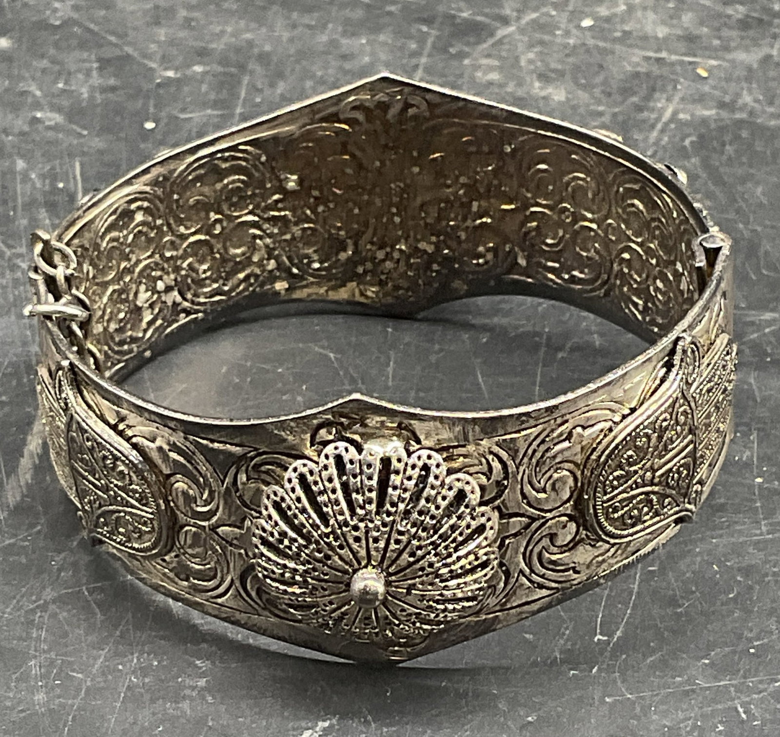 Vintage Silver Tone Hamsa Camel Bracelet: Vintage silver tone Hamsa and camel motif hinged bangle bracelet. Measures approx. 2.25 inches wide. Some scratching. Jewelry, estate jewelry, costume jewelry, cocktail jewelry, fashion jewelry, acces