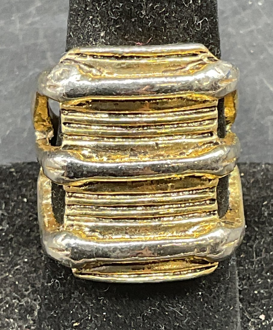 Low Luv Silver & Gold Tone Statement Ring: Signed Low Luv silver and gold tone statement ring. Ring size 8. Some scratching. Jewelry, estate jewelry, costume jewelry, cocktail jewelry, fashion jewelry, accessories, fashion accessories, wearabl