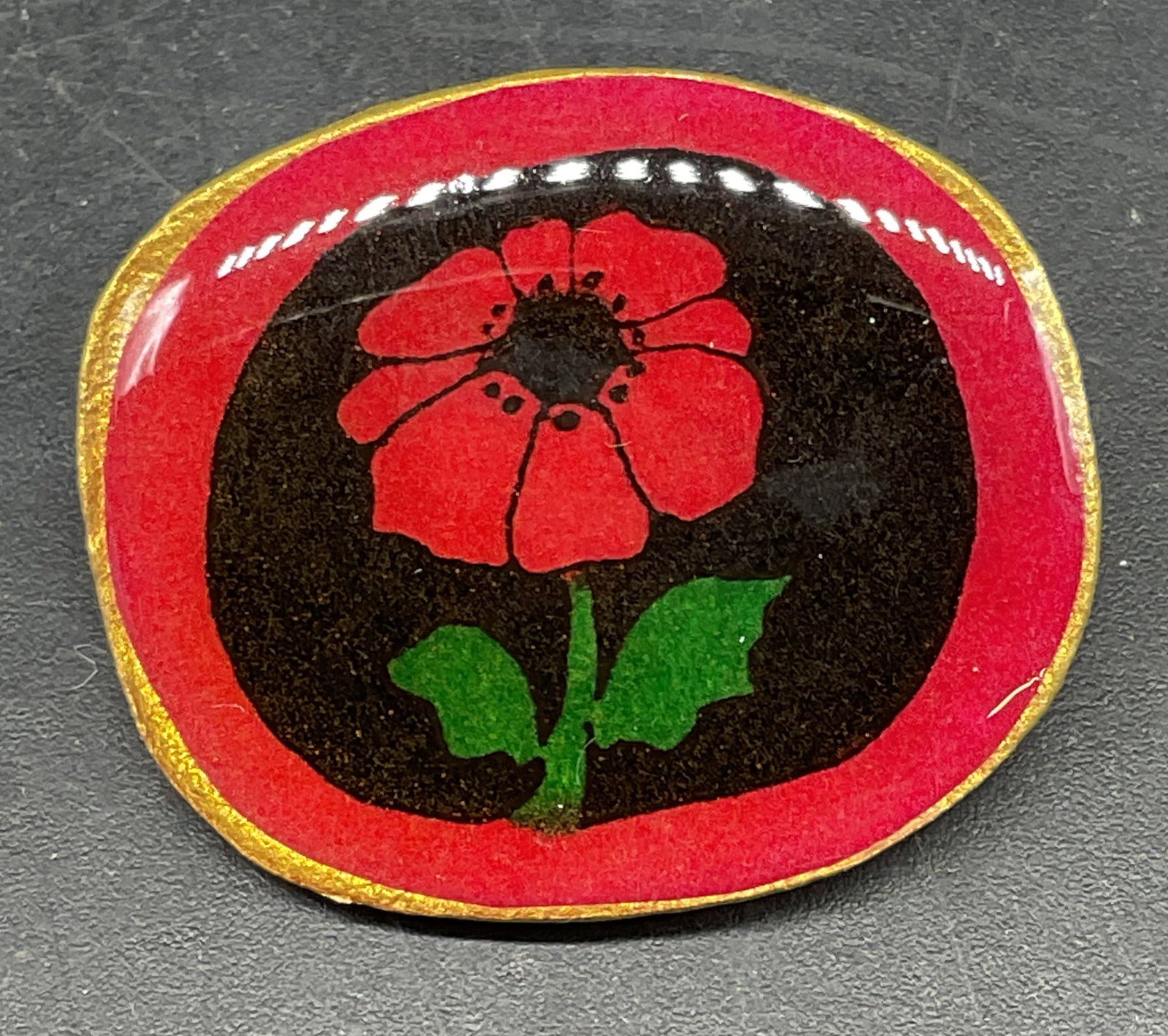 Signed B Handmade Gilt Red Flower Brooch: Signed B gilt handmade composite brooch with red flower motif. Measures approx. 1.25 x 1 inches. Some scratching. Jewelry, estate jewelry, costume jewelry, cocktail jewelry, fashion jewelry, accessori