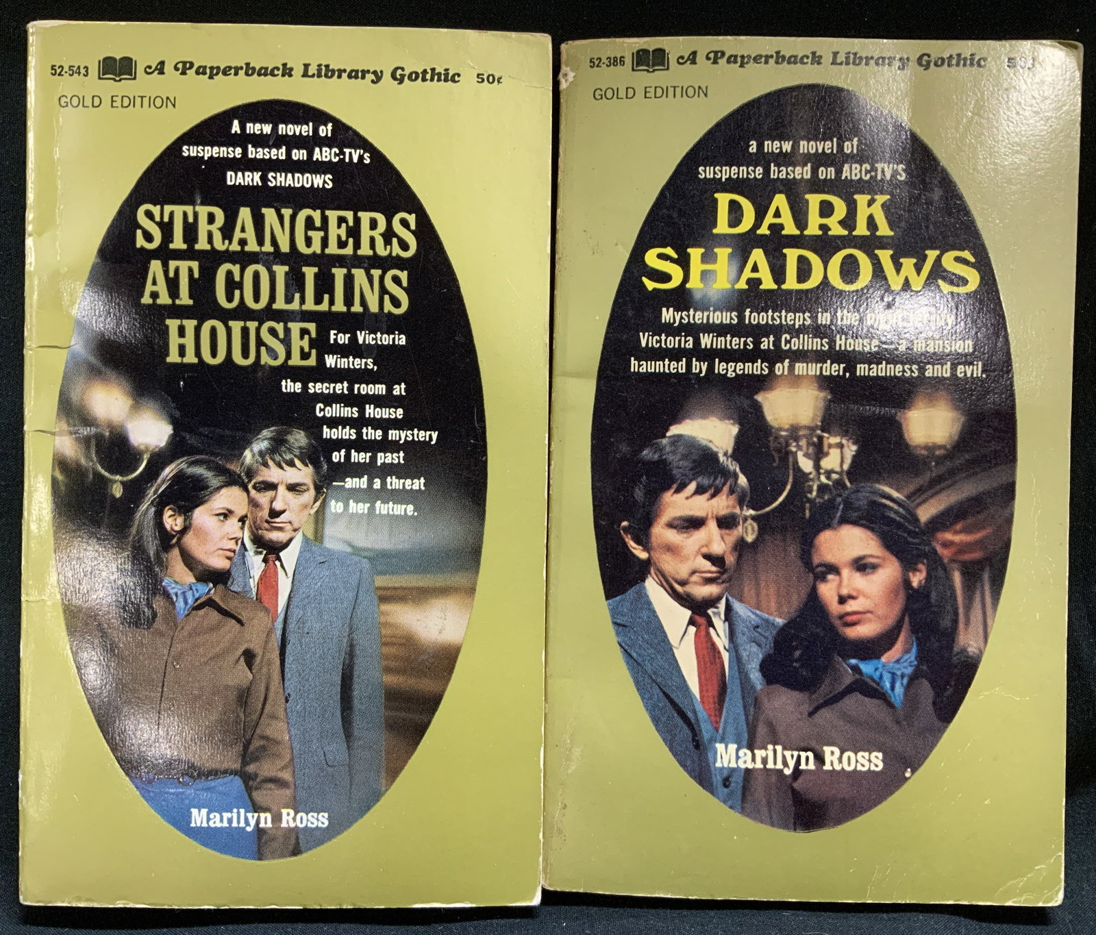 Lot 2 Suspense Novels Gold Ed 1968 & 1969 Bks ROSS: Lot includes, Strangers at Collins House by Marilyn Ross (1968) & Dark Shadows by Marilyn Ross (1969). Paperback Library. New York. Gold Edition. Front cover features illustrations. Surface wear consi