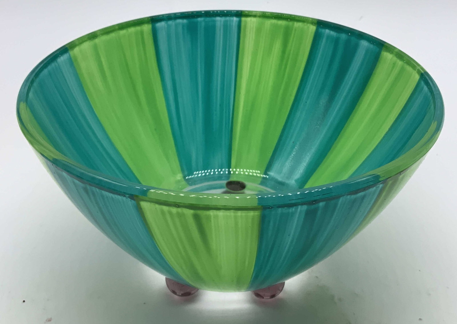 Detroit Glass Company Striped Bowl FRANCE: Detroit glass company bowl features a green & blue striped pattern. Supported by 4 purple orb style feet. Signed & marked on underside. Reads, DETROIT GLASS COMPANY. ARC FRANCE. Surface wear