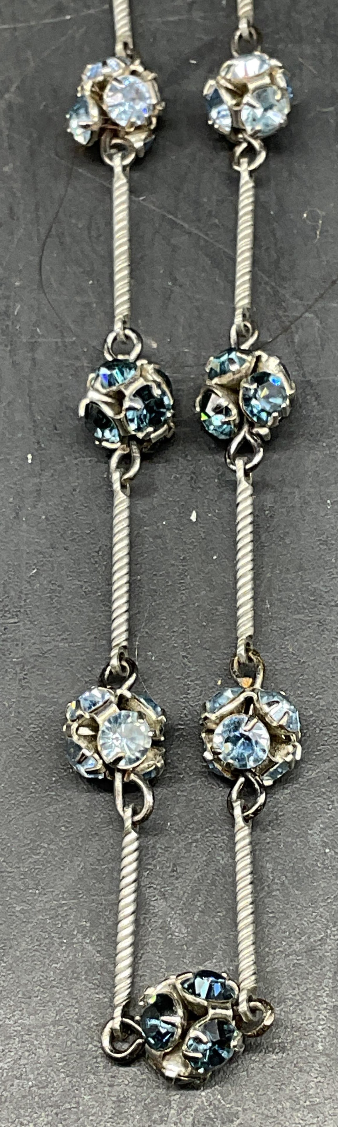 Silver Tone Blue Crystal Cluster Choker Necklace: Vintage silver tone blue crystal cluster choker necklace. Drop length measures approx. 7.5 inches. Some scratching. Jewelry, estate jewelry, costume jewelry, cocktail jewelry, fashion jewelry, accesso