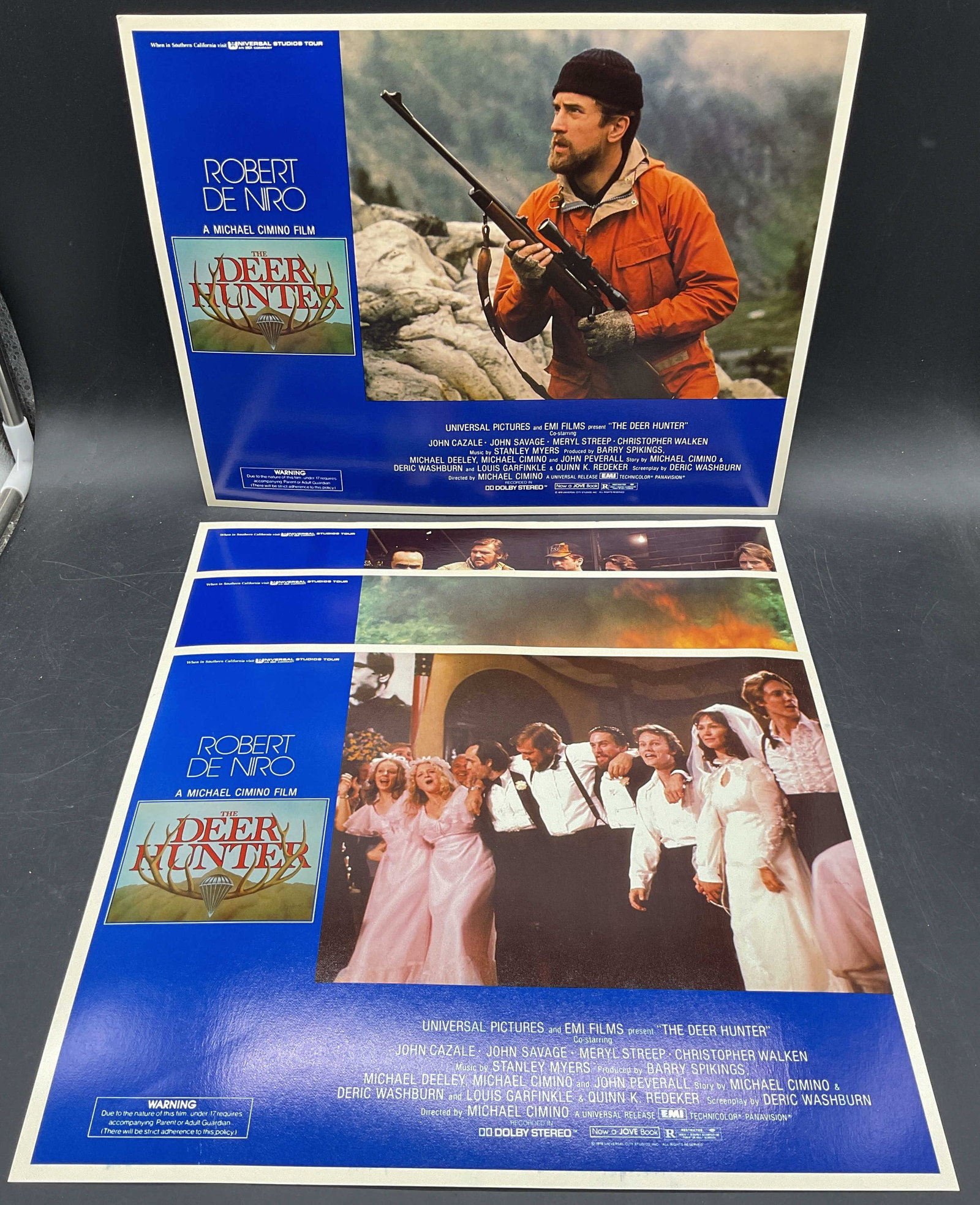 Lot 4 De Niro Deer Hunter Lobby Cards 1978: Lot of 4 1978 The Deer Hunter lobby card posters. Starring Robert De Niro, Meryl Streep. Directed by Michael Cimino. Measure approx 11 x 14 inches. Some wear to all consistent with exposure. Lobby car