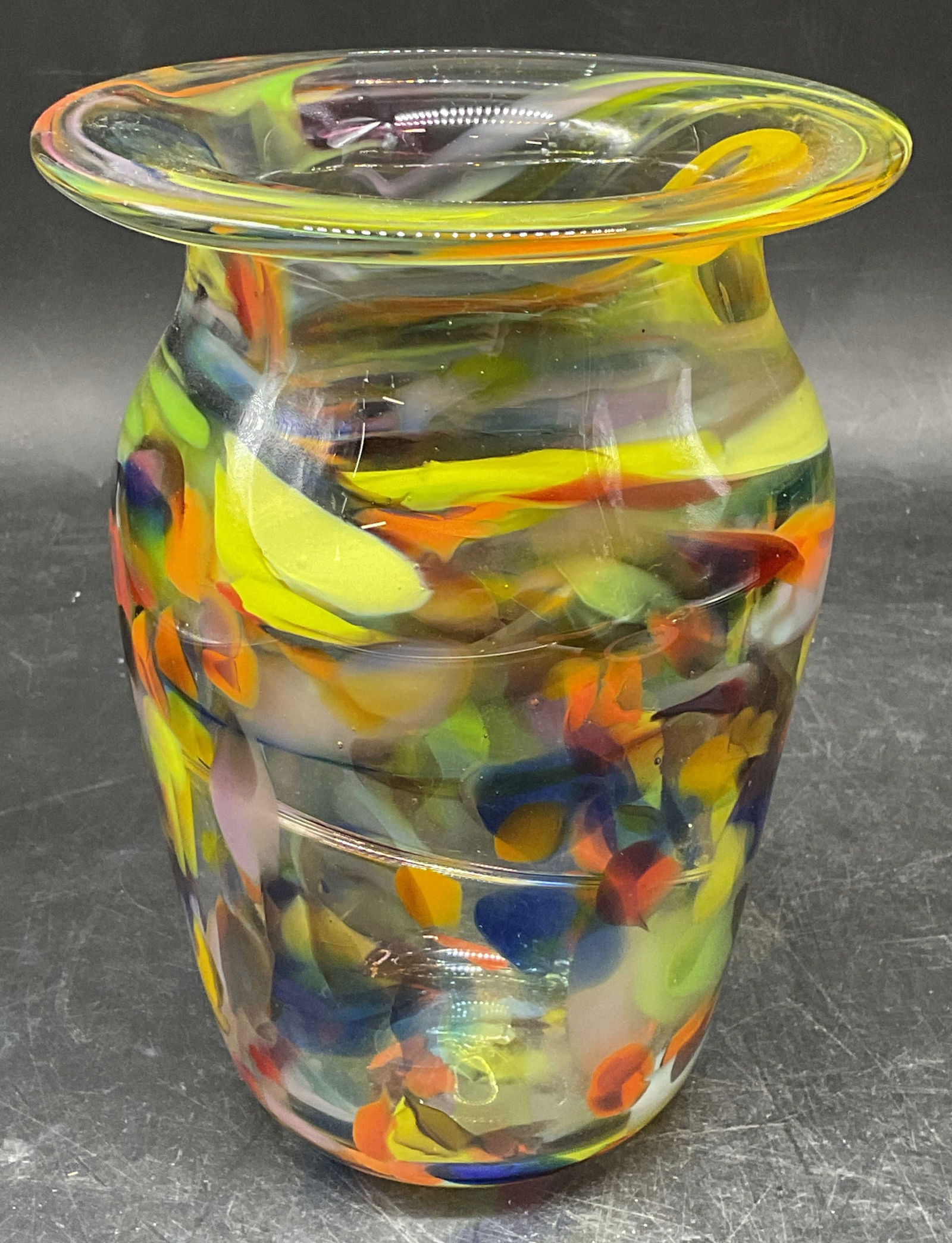 Multicolor Confetti Spatter Art Glass Vase: Hand blown art glass with multicolor confetti or spatter pattern. Measures approx. 4.75 x 6.5 inches. Some scratching. Art glass vase, confetti vase, spatter vase, home decor, home accessories, table