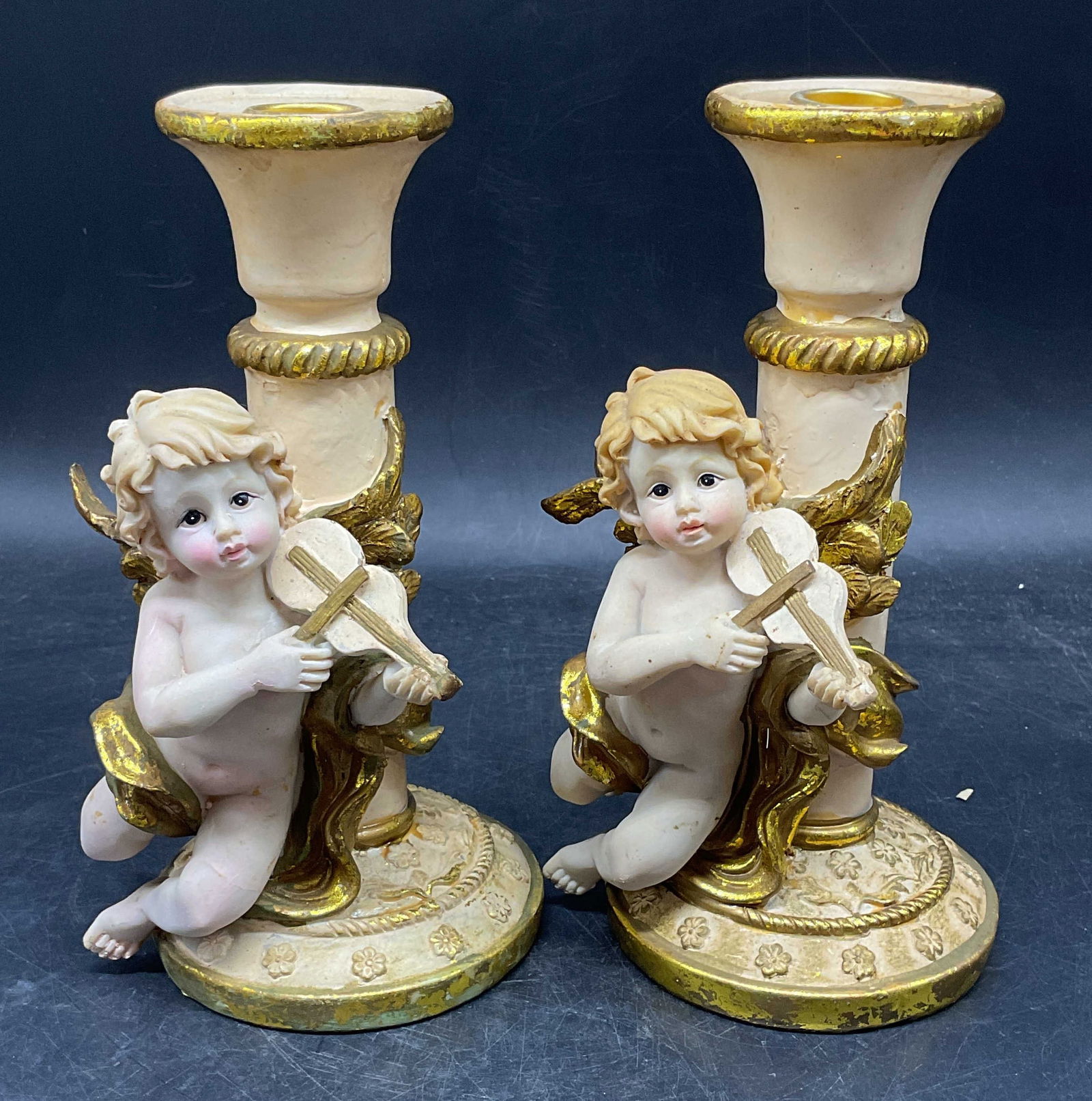 Pair Gilt Cherub Musicians Candlesticks (1 of 6)