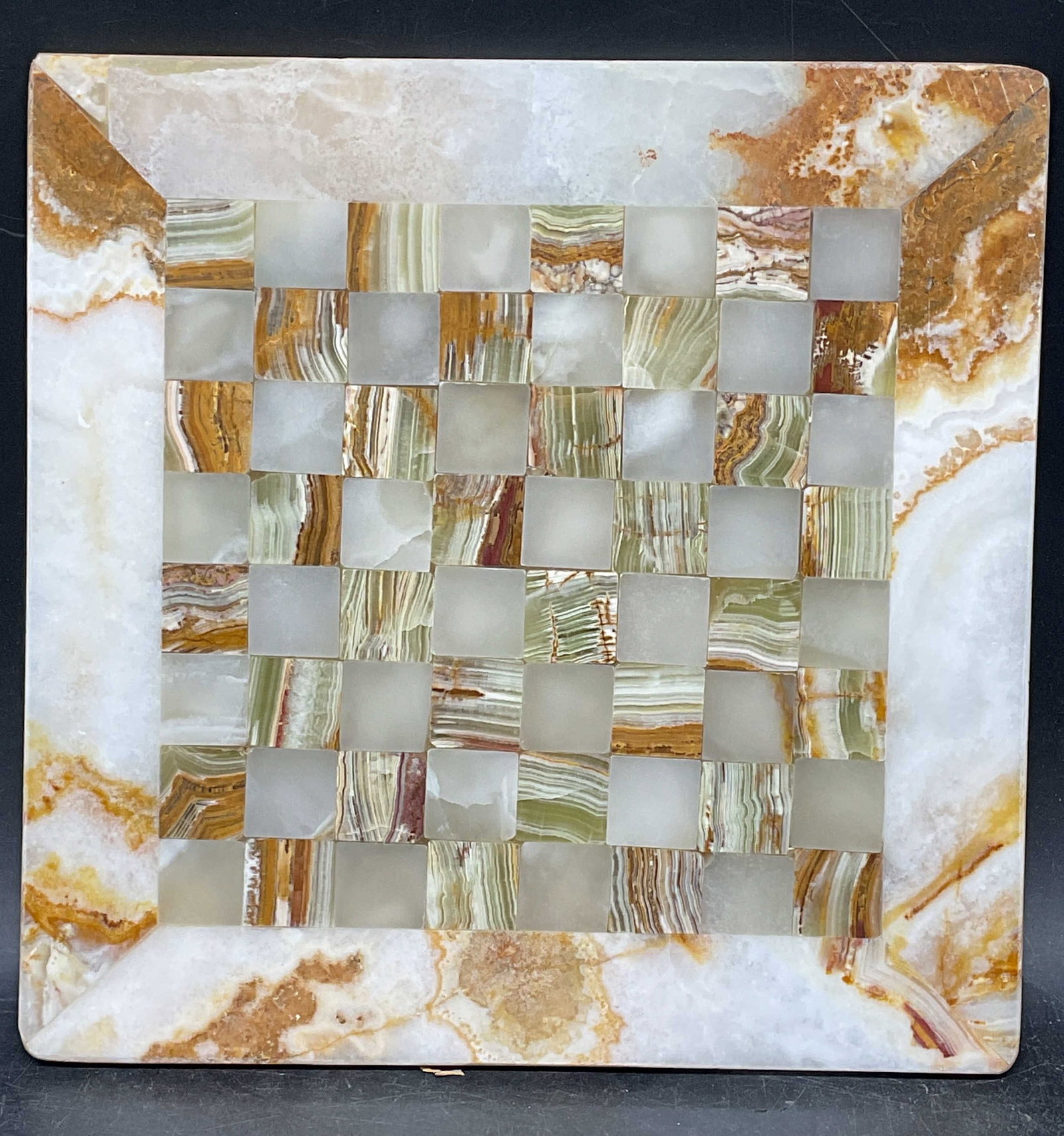 Handmade Marble & Onyx Chessboard: Handmade marble and onyx chessboard. Inlaid stones. White, tan, and green banded stones. Measures approx. 8 x 8 inches. Some scratching observed. Marble chessboard, onyx chessboard, collectibles, home