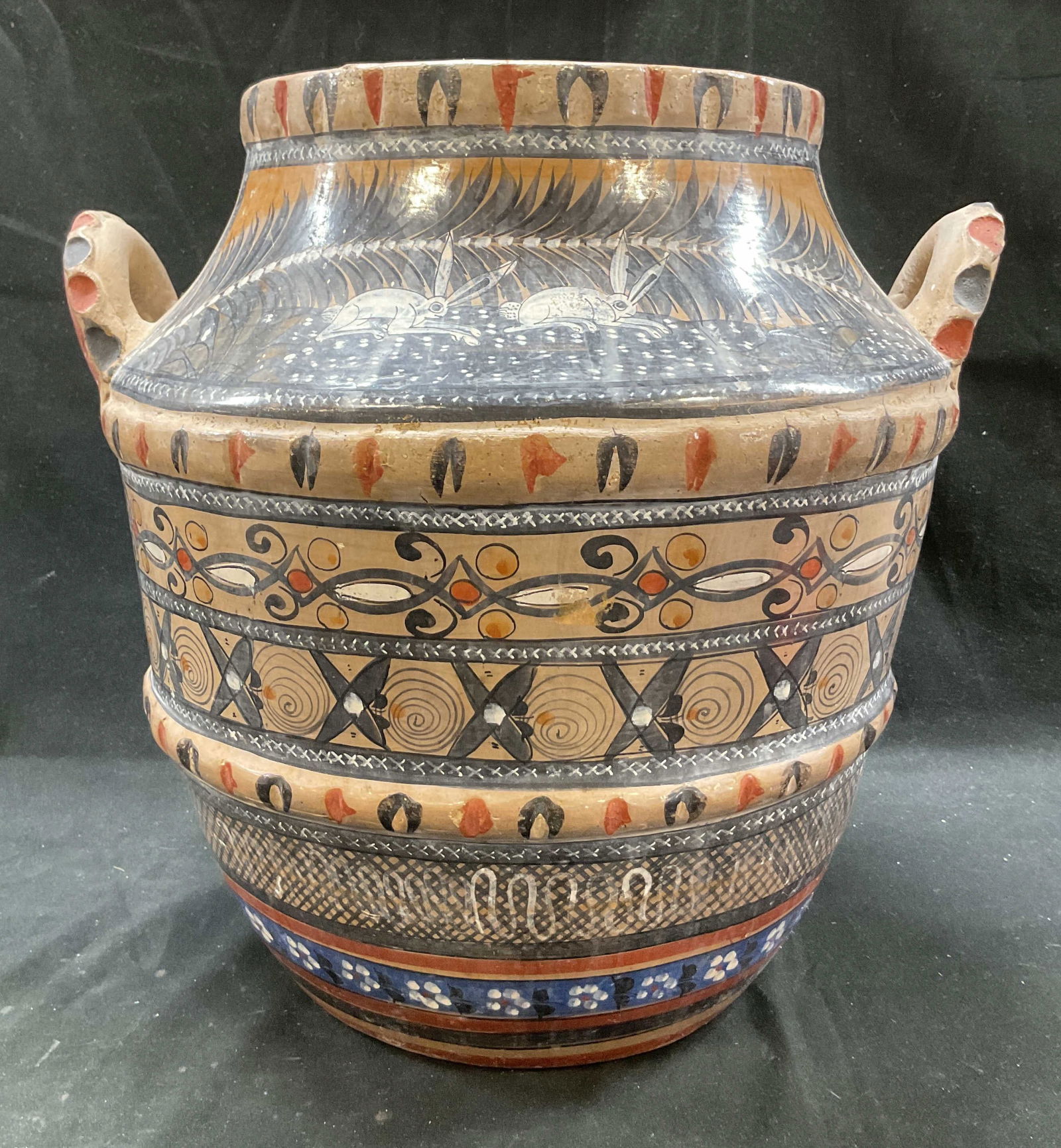 Lrg Vtg Hand Painted Ceramic Vessel Mexico 14in: Large vintage hand painted ceramic vessel. Signed Mexico on underside. Glossy finish. Two loop handles on either side. Decorated horizontal bands of intricate patterns. Motifs including floral, scroll