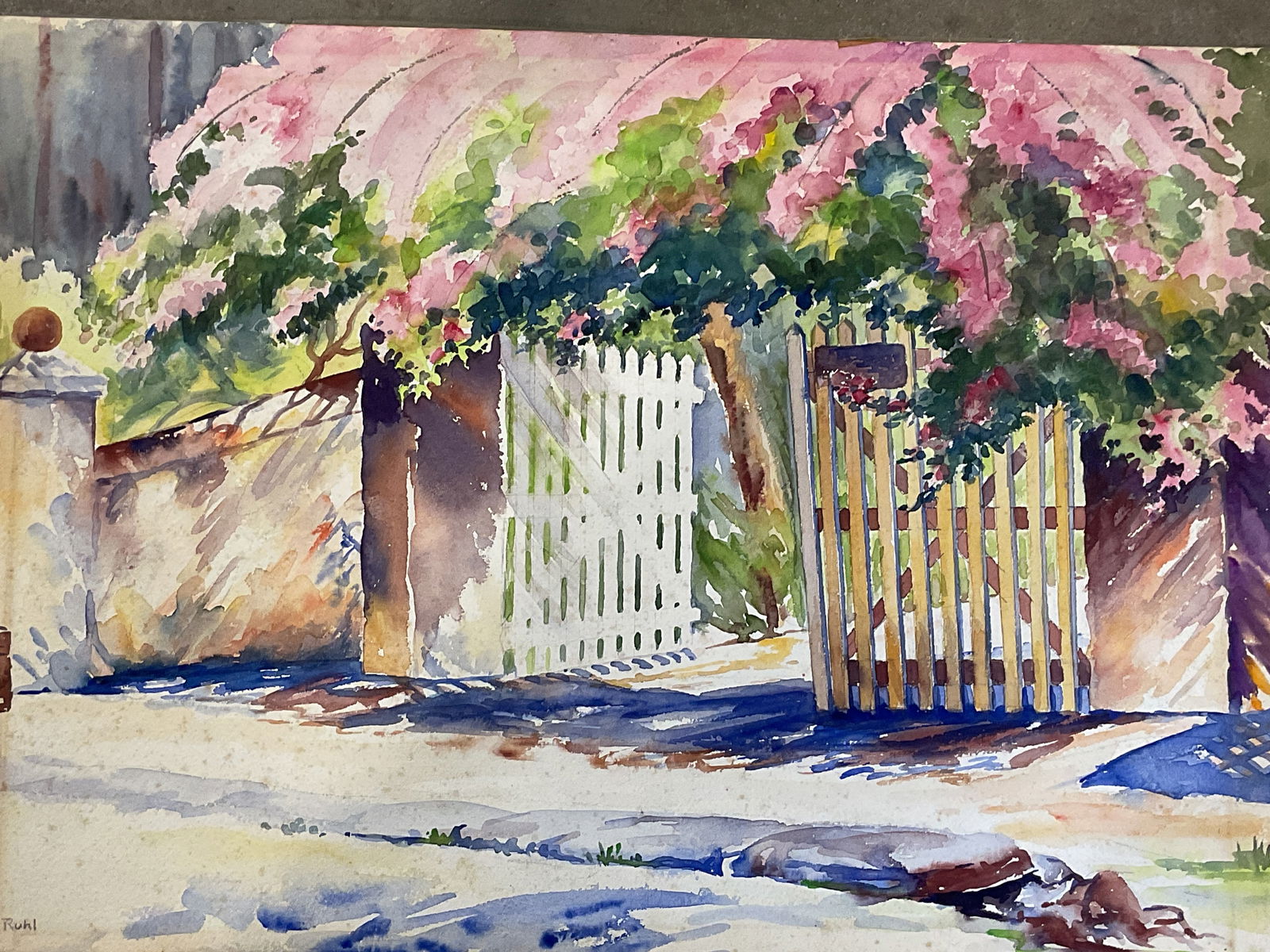 Sgn L. W. RUHL Sidewalk & Fence Watercolor 22in: Watercolor painting on paper. Signed lower left, L. W. Ruhl (American, 20th century). Sidewalk with fence and trees. Paper measures approx. 15.5 x 22.25 inches. Wear including foxing, tape residue. Ar