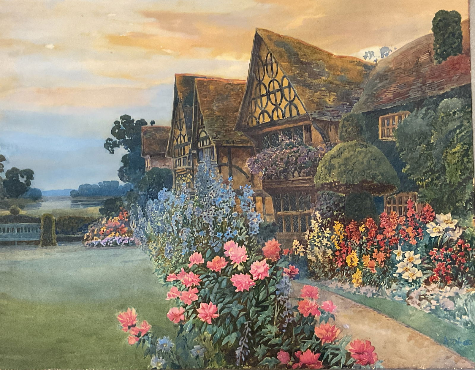 Sgn AC Wyatt English Cottage Watercolor Pntng 22in: Watercolor painting on paper. Signed lower right, AC Wyatt (British, 1863-1933). Signed and inscribed on the verso, partially legible, reads AC Wyatt/Surrey/Nova Scotia. English scenery with view of c