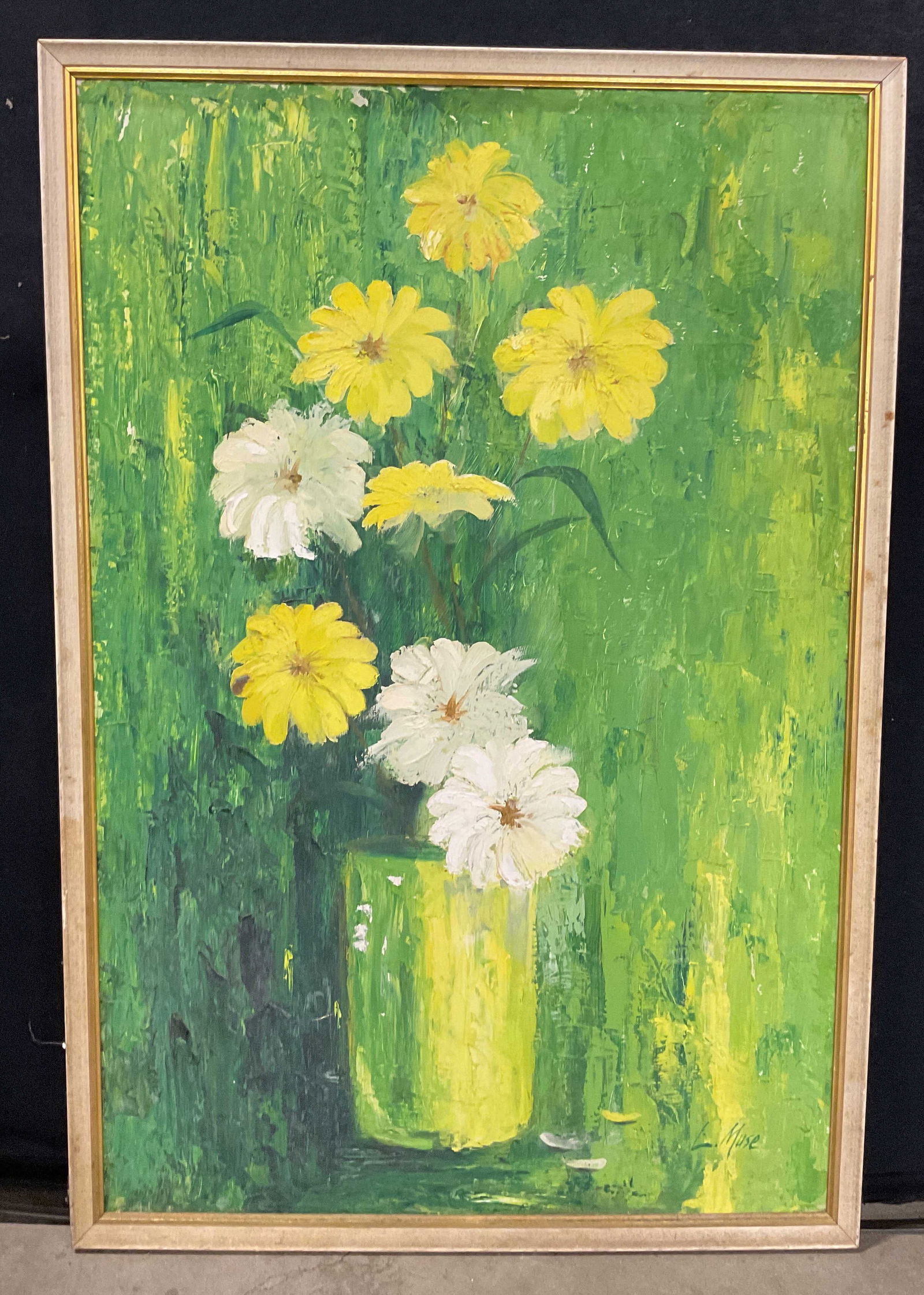 Signed L Muse Still Life Flowers Oil Painting 37in: Framed oil on board painting. Signed L. Muse at lower right. Still life with vase of flowers in yellow and green. Wood frame. Not examined out of frame. Frame measures approx. 37.75 x 25.5 inches. Wea