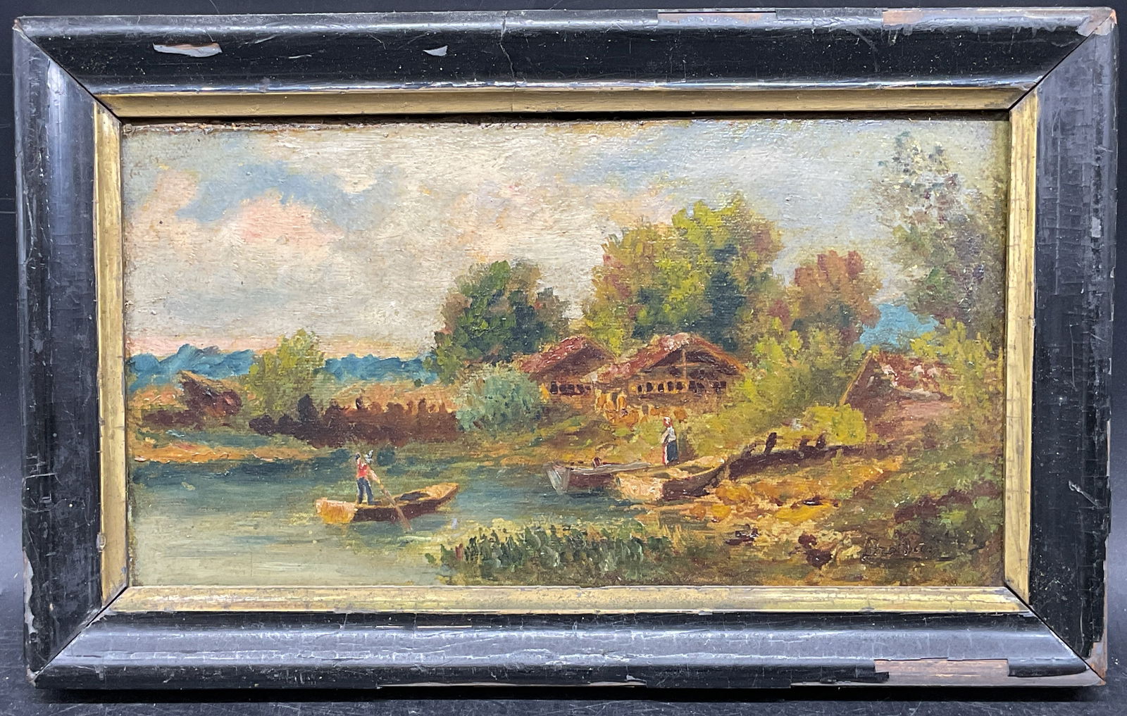 Signed Scenic Landscape Oil Painting: Framed oil on board painting. Signed illegibly at lower right. Scene landscape with boat on water, figures, and building. Black and gilt wood frame. Not examined out of frame. Frame measures approx. 6
