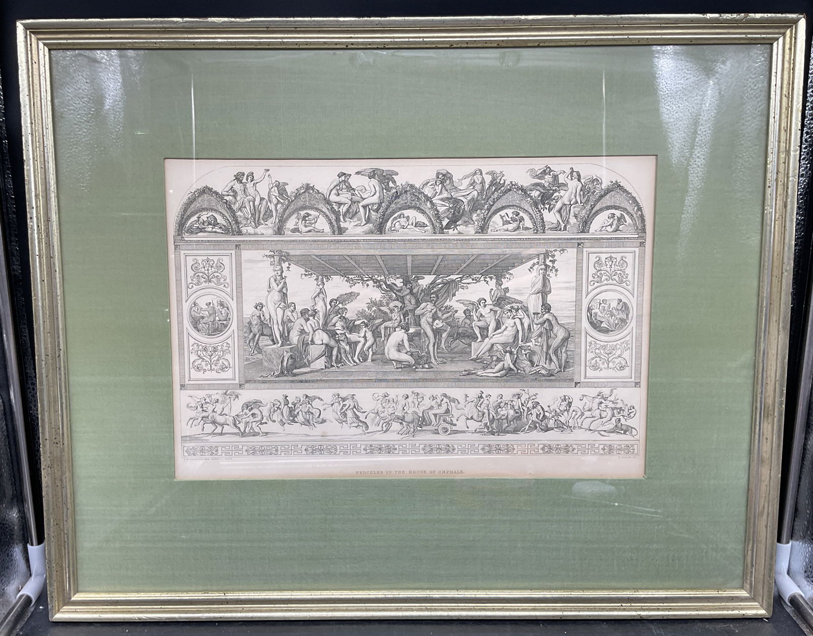 Framed Antique Cenelli/Halm Hercules Engraving 22i: Framed and matted antique engraving. After J Buonaventura Cenelli, engraved by Peter von Halm. Greek mythology scene. Hercules In The House of Omphale. Gilt wood frame, not examined out of frame. Fram