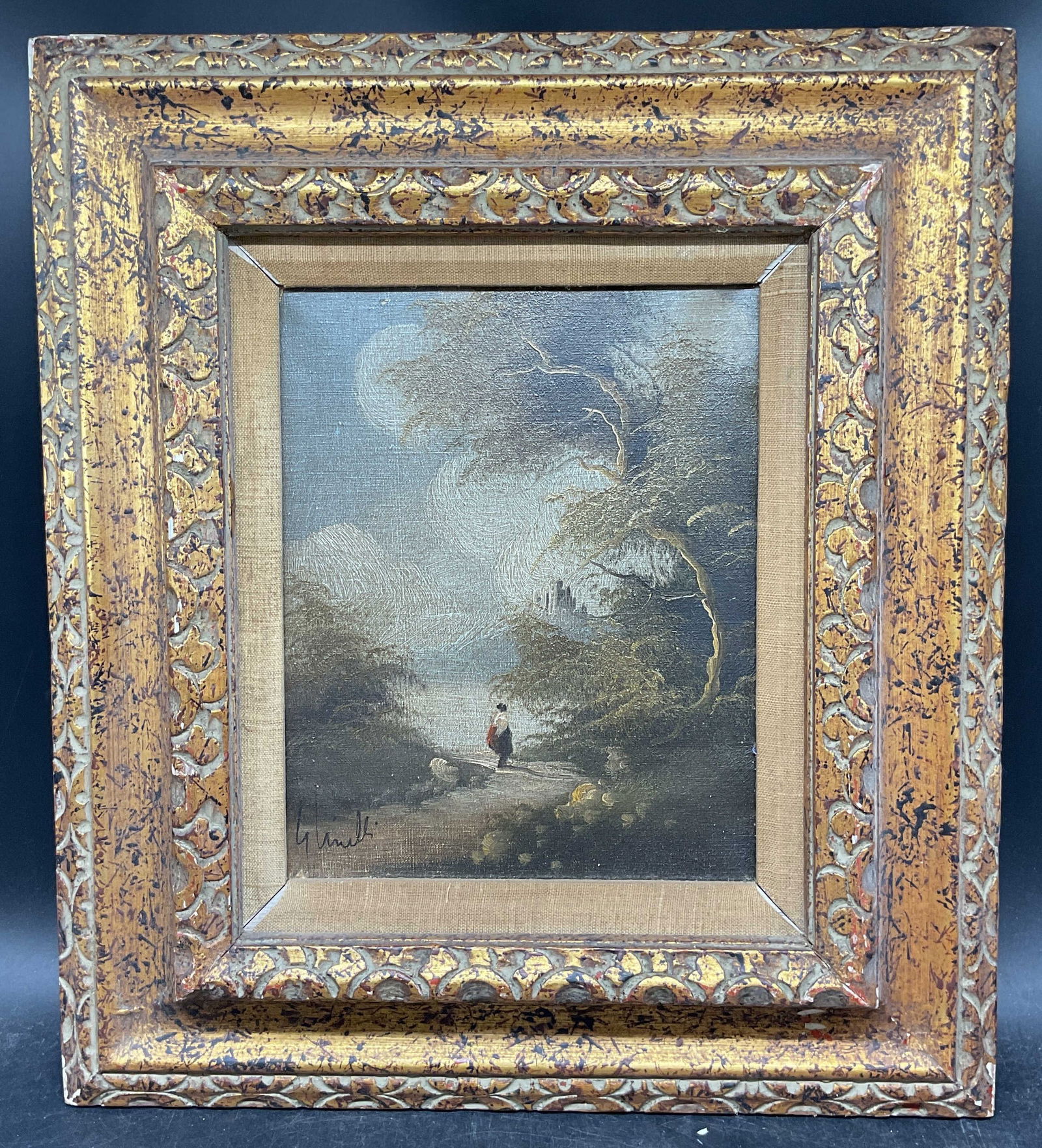 Signed Scenic Landscape & Figure Oil Painting (1 of 6)