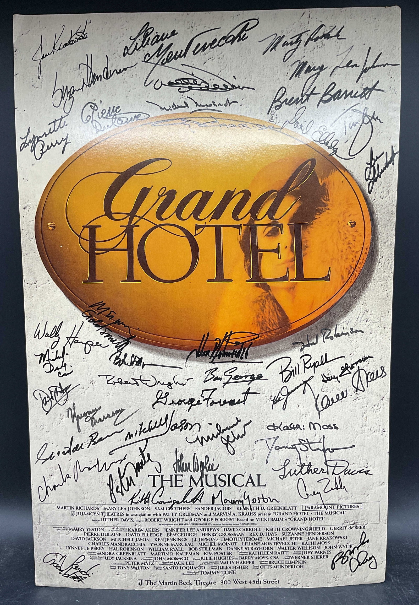 1989 Cast Signed Grand Hotel Broadway Poster 22in: Cast signed poster for the Broadway musical Grand Hotel. Printed circa 1989. Approximately 43 signatures. Includes signatures of Jane Krakowski (Tony Award winner for musical Nine, 30 Rock, Ally McBea