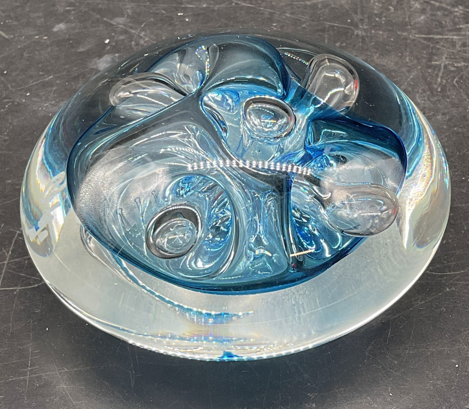 Sgn Blue Controlled Bubble Art Glass Paperweight (1 of 6)