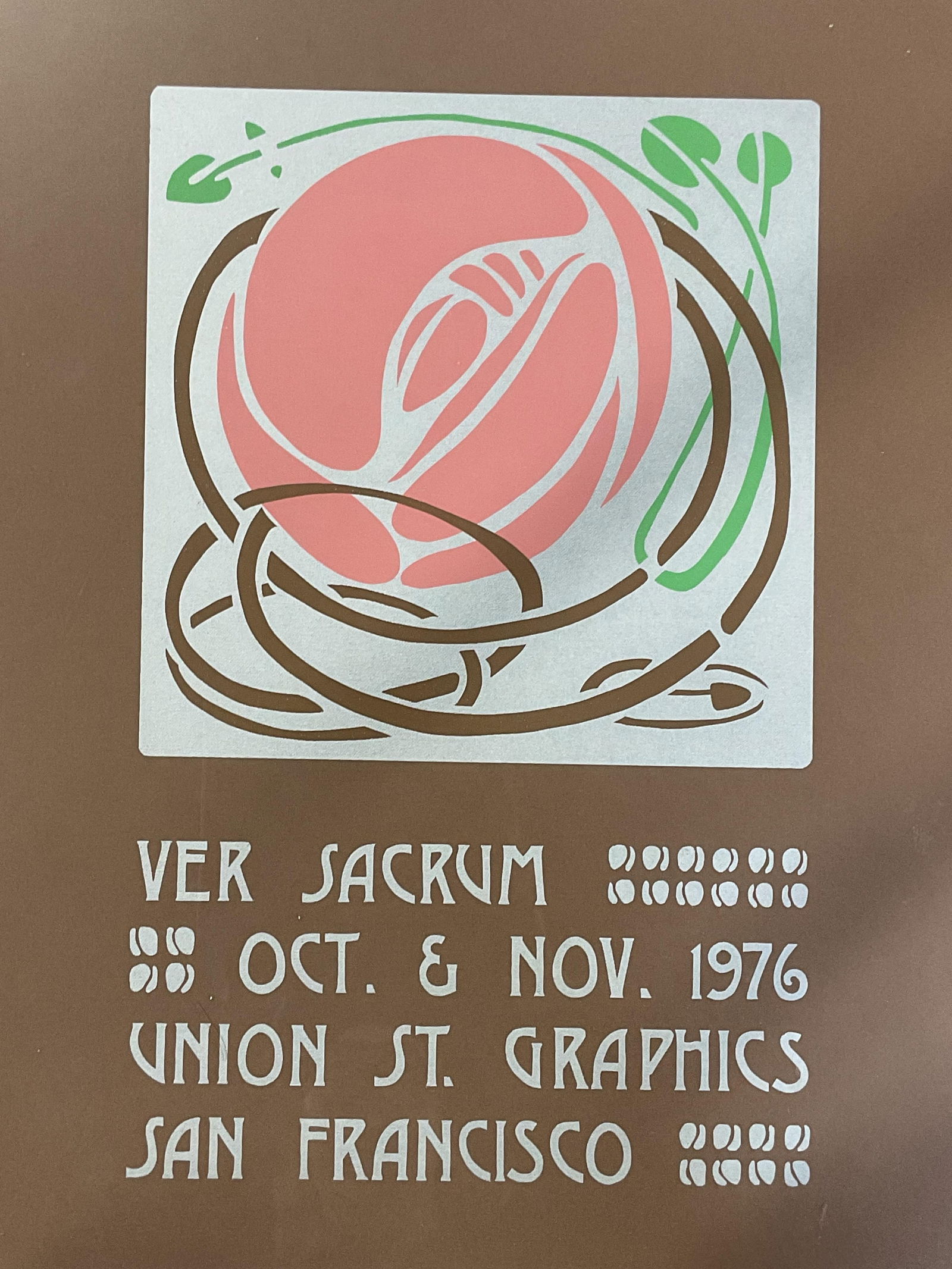 1976 Ver Sacrum Mackintosh Rose Poster 23in: 1976 Union St Graphics, San Francisco exhibition poster for Ver Sacrum. Art nouveau inspired design. Features Glasgow Rose by Charles Rennie Mackintosh. Silver tone metal frame. Not examined out of fr