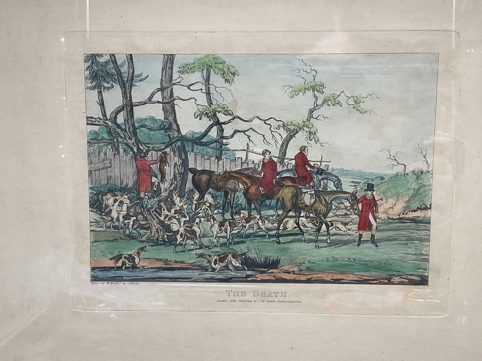 Framed Antique Henry Alken The Death Etching 22in: Framed antique aquatint etching. Marked drawn and etched by Alken. Henry Thomas Alken (British, 1785-1851). The Death. English hunt scene with figures riding horses and dogs. Published 1841, London. G