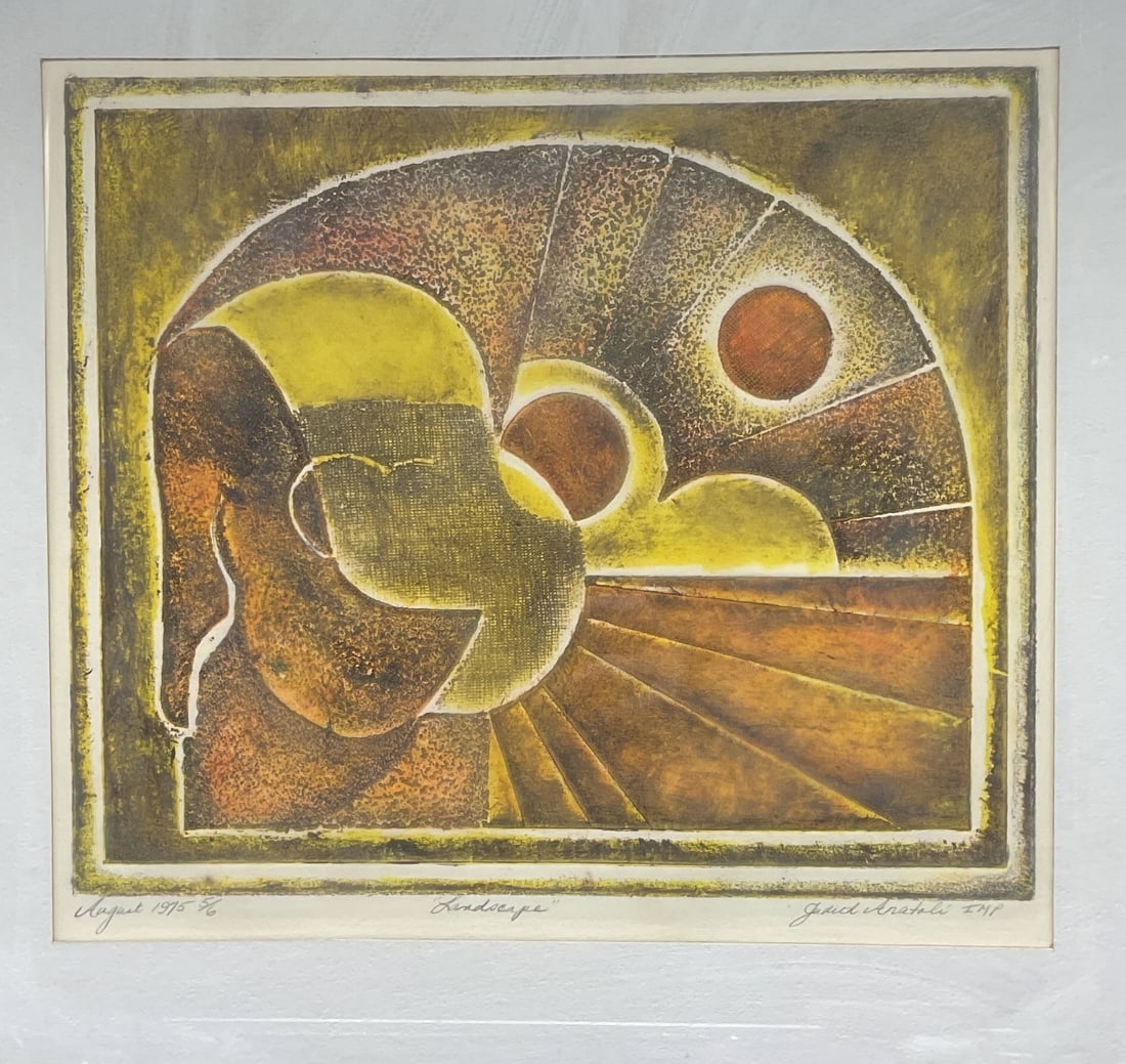 Sgnd Judith Aratoli Ltd Edt Etching 18in 1975: Framed and matted color etching. Signed, titled, and numbered along margin, Judith Aratoli (Madigan), Landscape, 1975, 5/6. Abstract landscape in yellow, orange, and black. Gold tone metal frame. Not