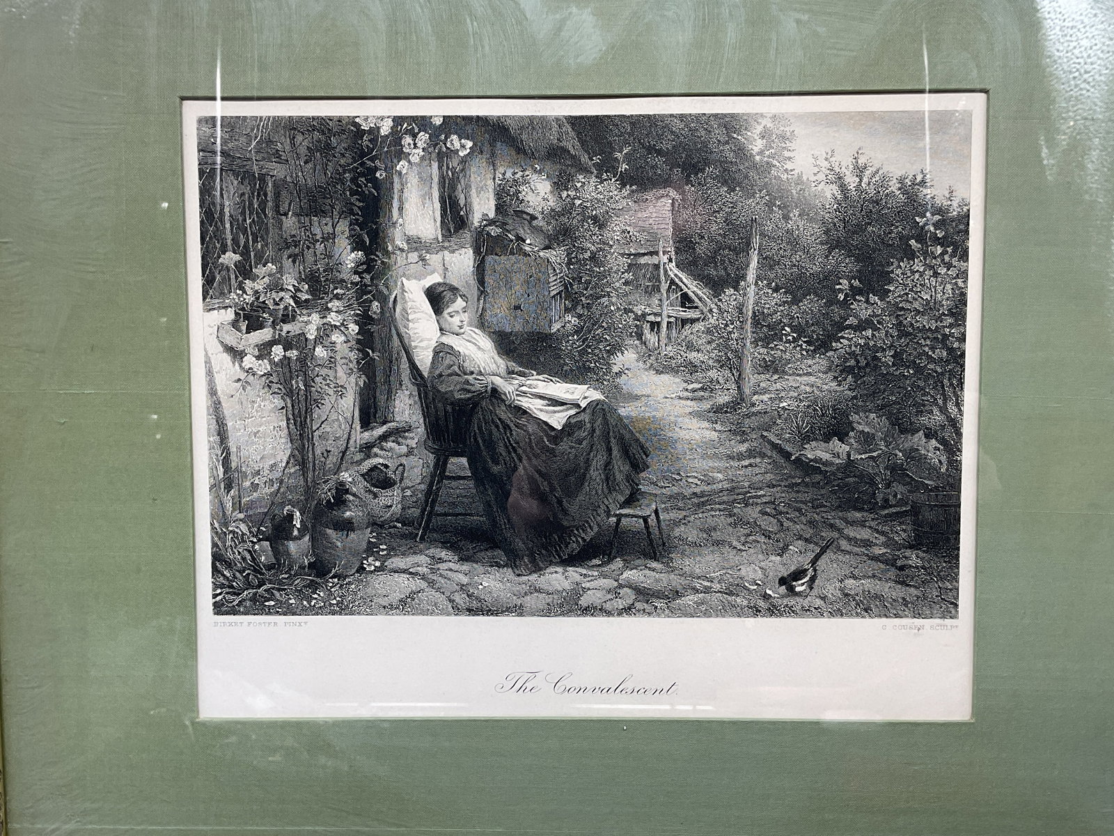 Antique Birket Foster Convalescent Engraving: Framed and matted antique engraving. After Myles Birket Foster (English, 1825-1899) and engraved by Charles Cousen. The Convalescent. Seated woman with landscape. Published circa 1870s. Gilt wood fram