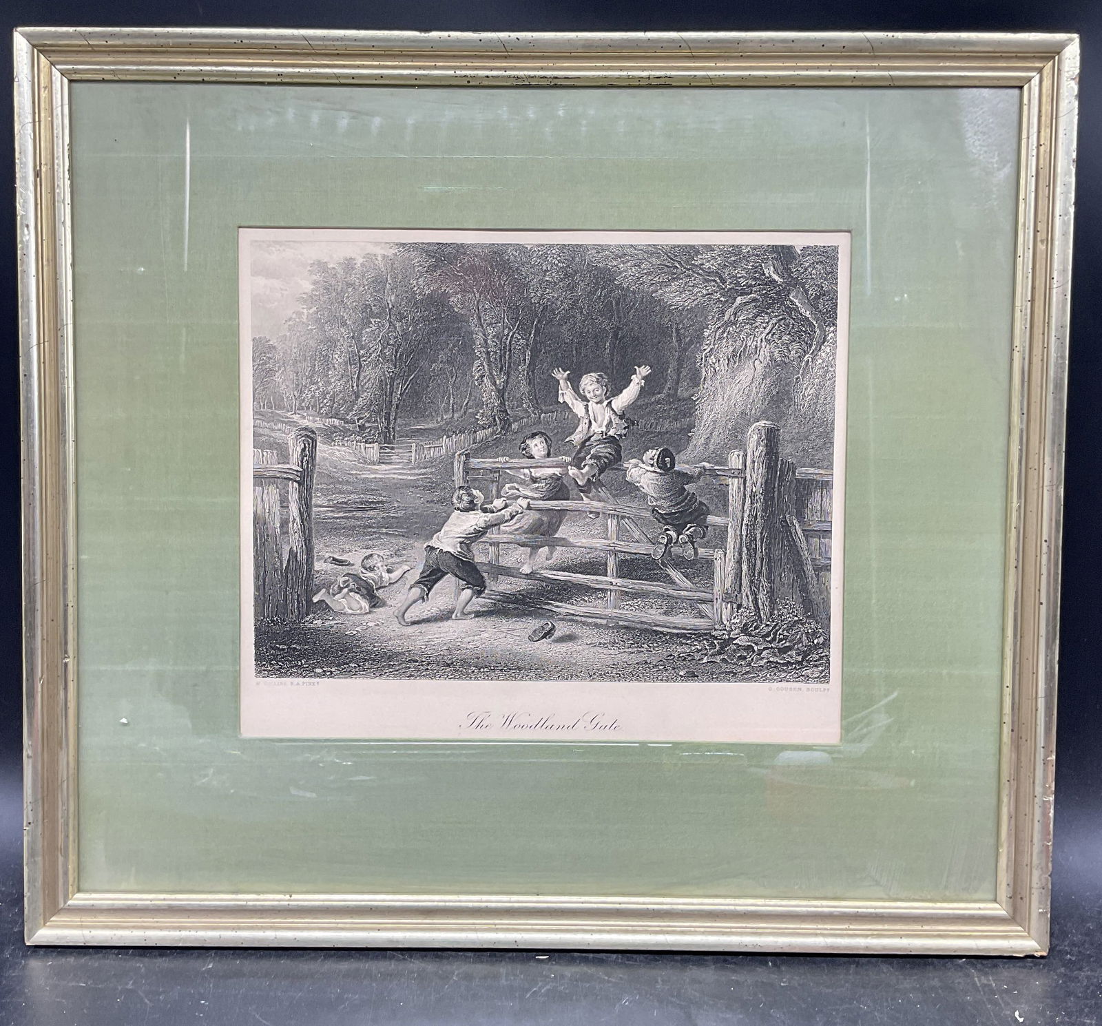 Antique W Collins Woodland Gate Engraving: Framed and matted antique engraving. After William Collins (English, 1788-1847) and engraved by Charles Cousen. Woodland Gate. Children playing and landscape. Published circa mid to late 19th century.